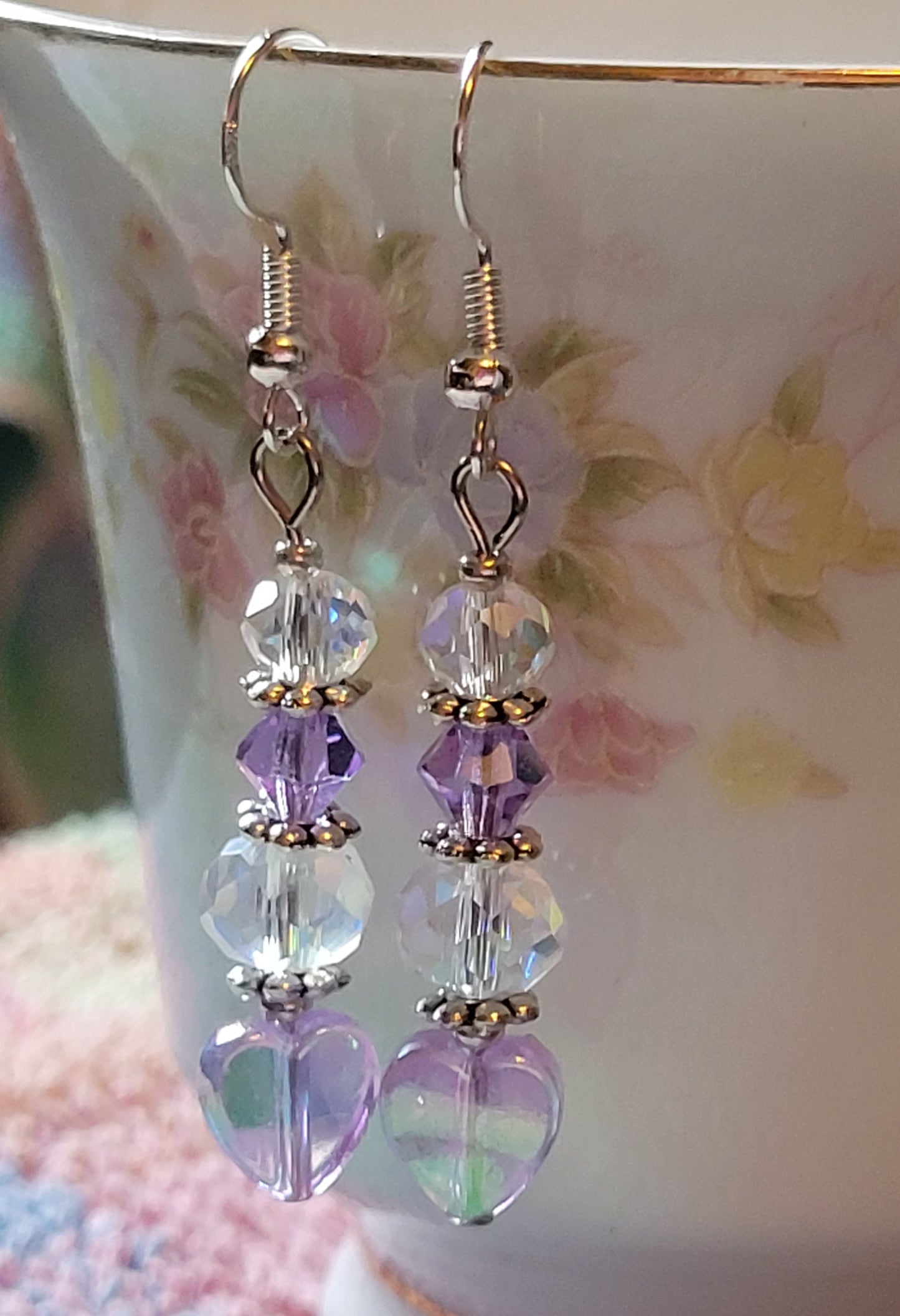 Artisan Slightly VIOLET HEART Crystal Dangle Drop Earrings French Wire