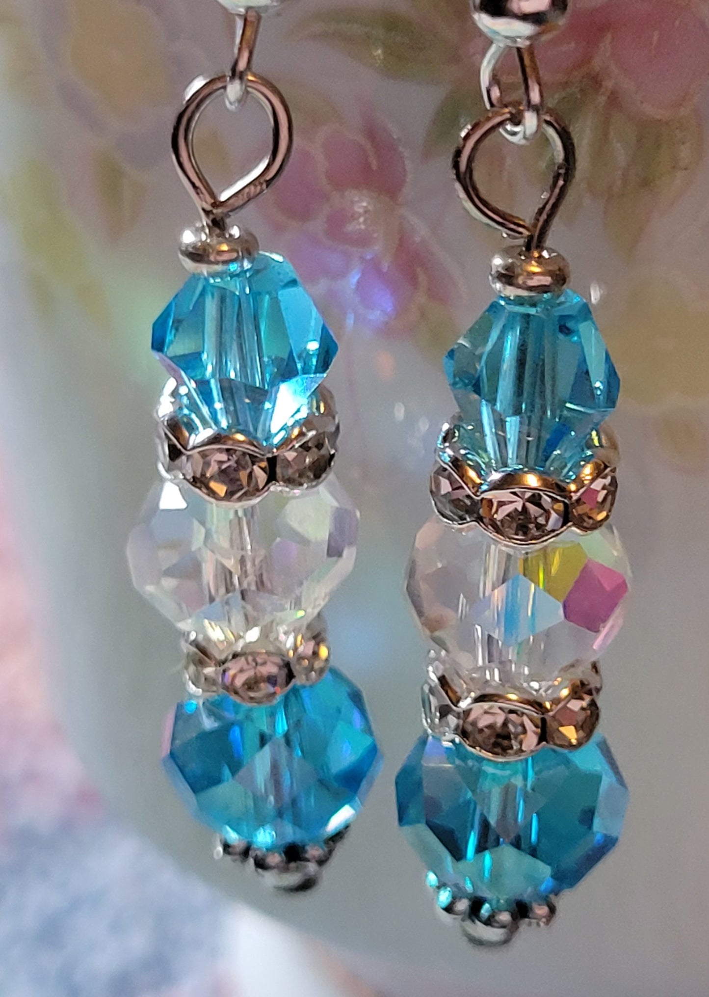 Artisan Elegance In BLUE Crystal Dangle Drop Silver Earrings French Wires