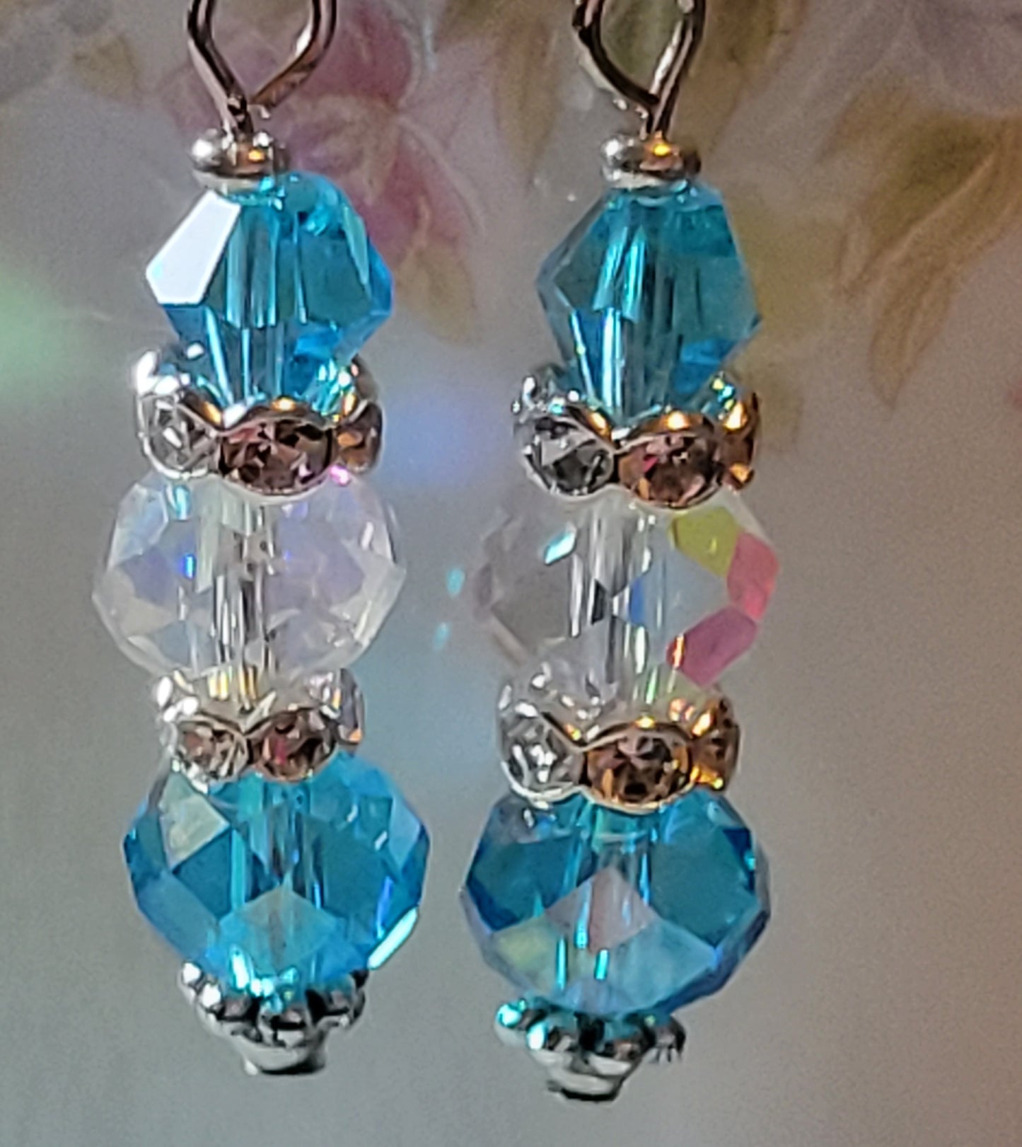 Artisan Elegance In BLUE Crystal Dangle Drop Silver Earrings French Wires