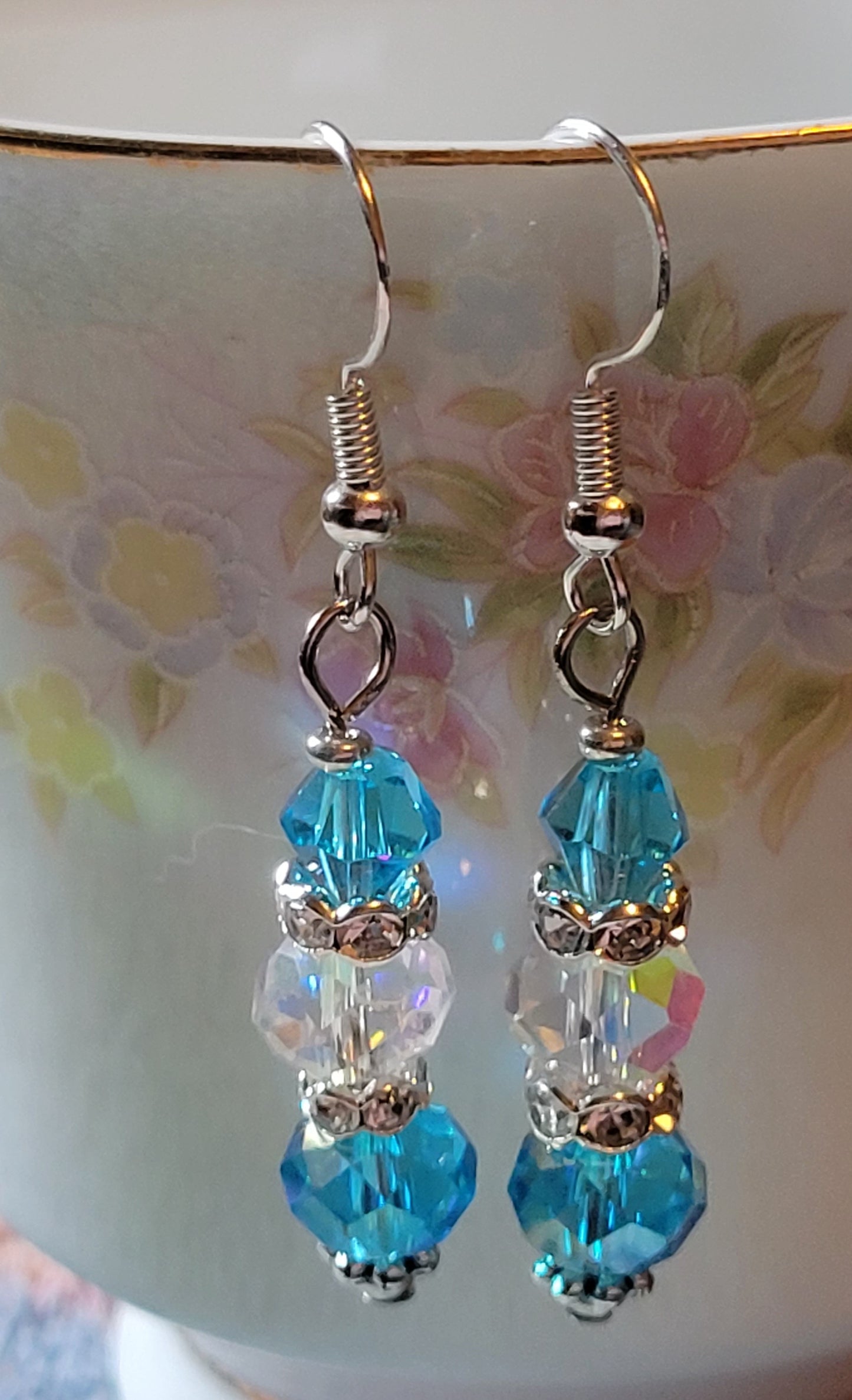Artisan Elegance In BLUE Crystal Dangle Drop Silver Earrings French Wires