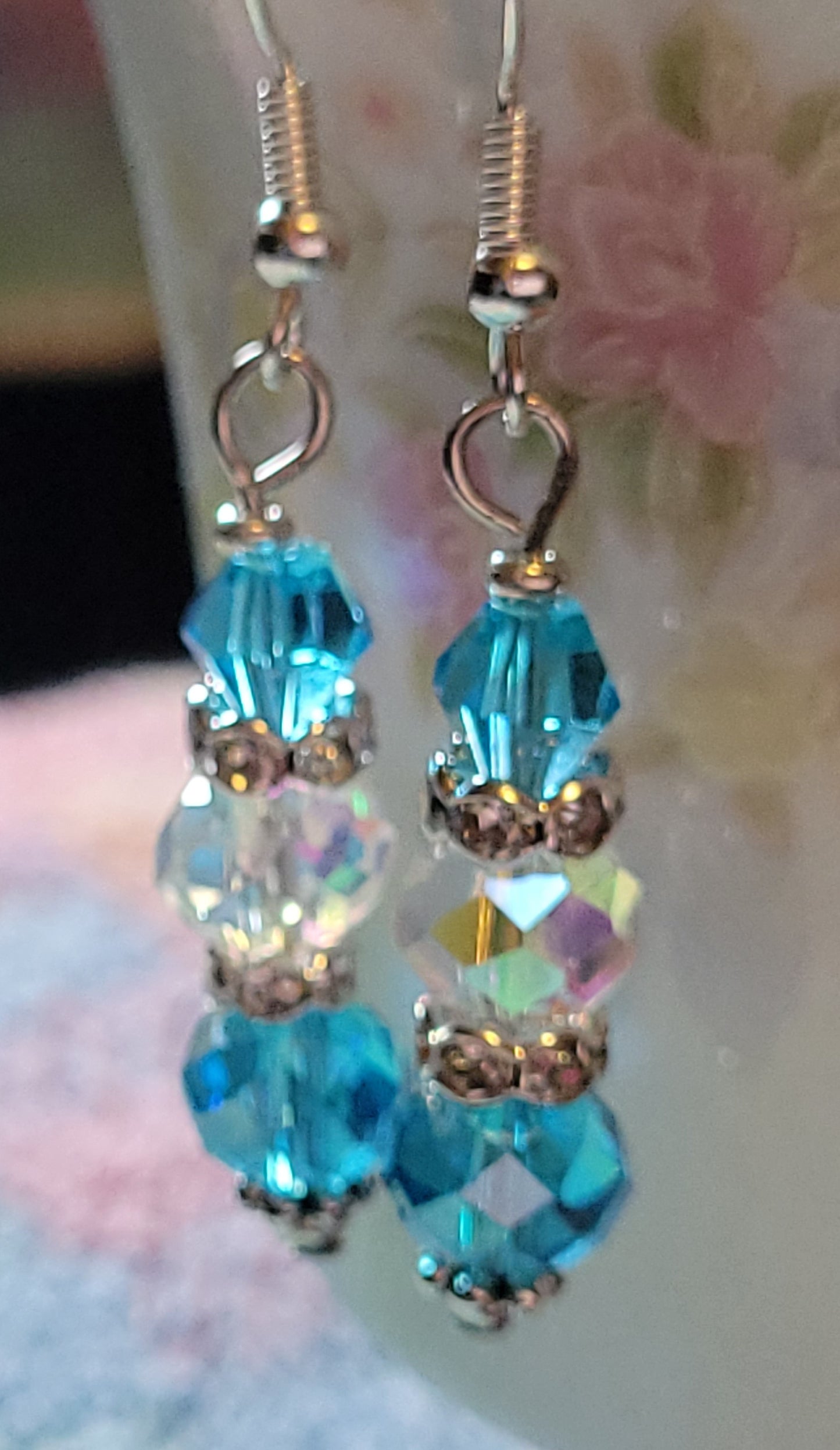 Artisan Elegance In BLUE Crystal Dangle Drop Silver Earrings French Wires