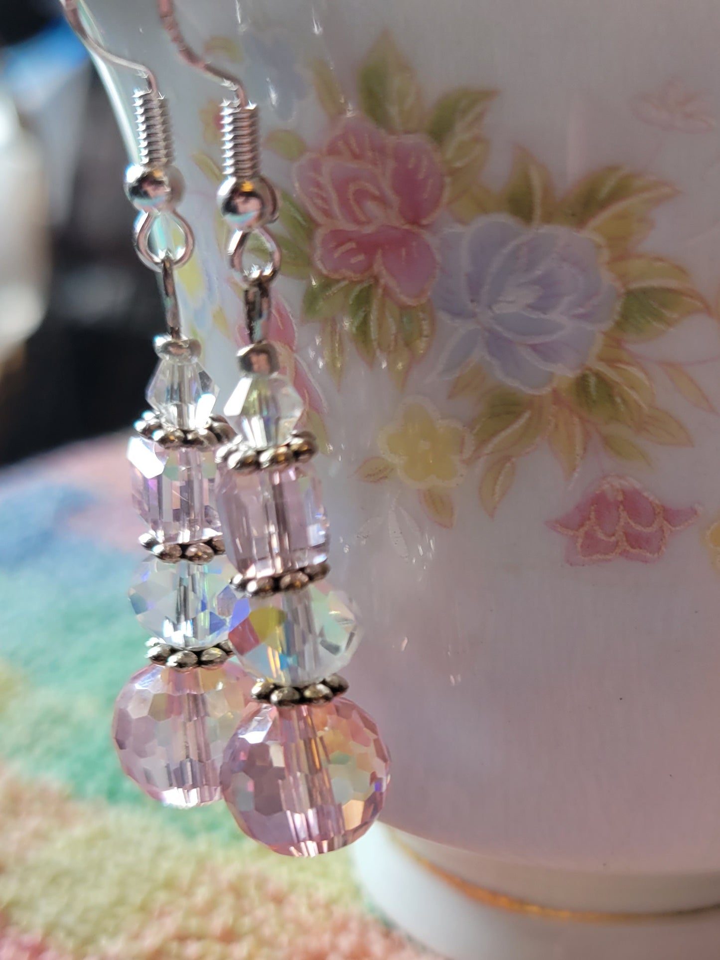 Artisan Pretty Silver Tone Pink & Clear Crystal Dangle Drop Fashion Earrings