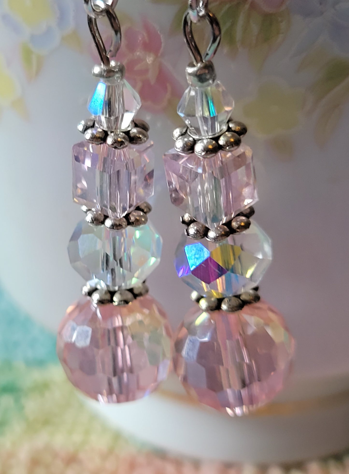 Artisan Pretty Silver Tone Pink & Clear Crystal Dangle Drop Fashion Earrings