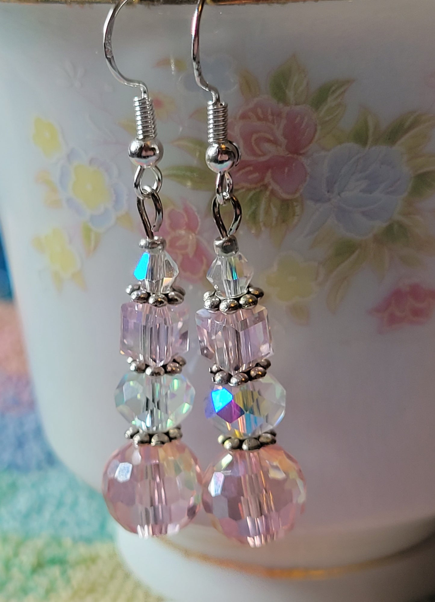 Artisan Pretty Silver Tone Pink & Clear Crystal Dangle Drop Fashion Earrings