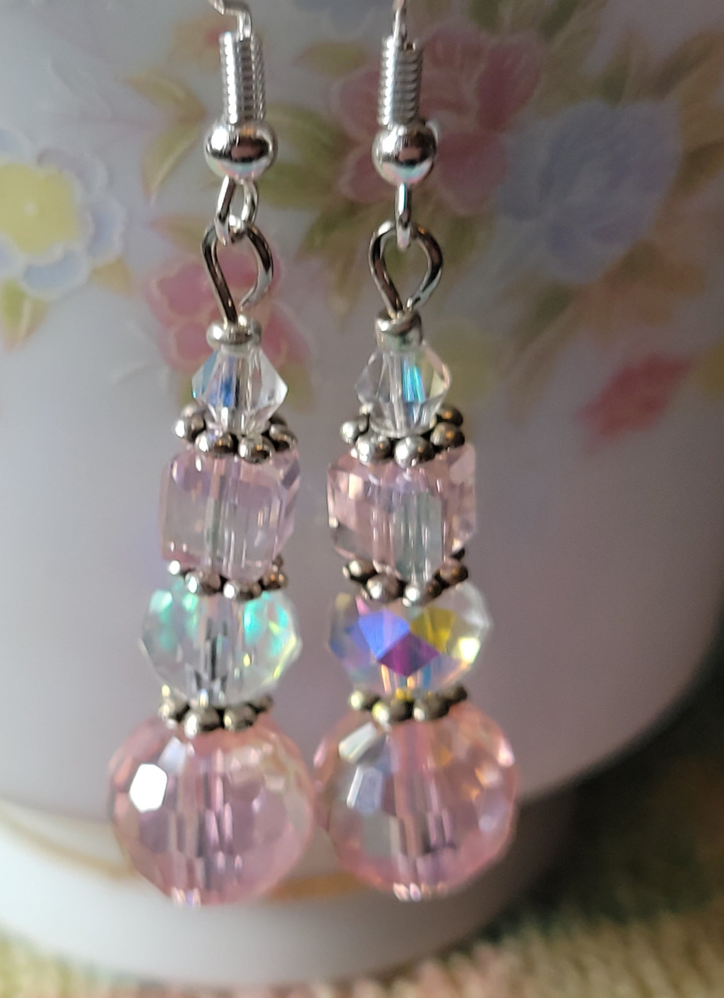 Artisan Pretty Silver Tone Pink & Clear Crystal Dangle Drop Fashion Earrings