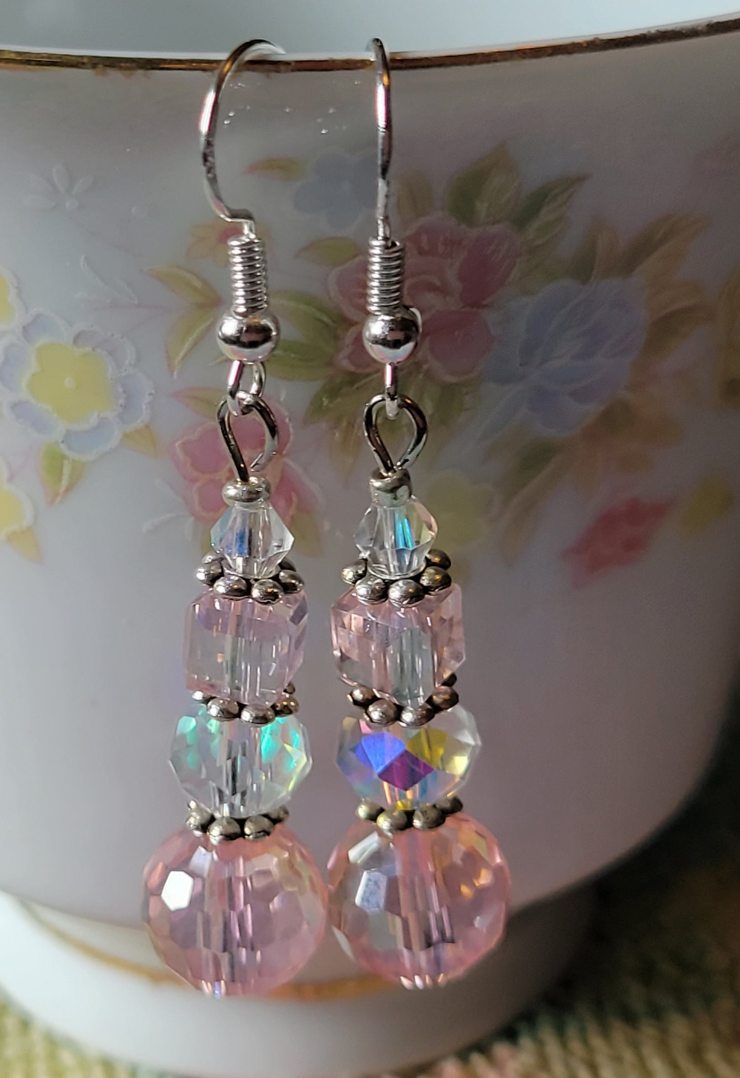 Artisan Pretty Silver Tone Pink & Clear Crystal Dangle Drop Fashion Earrings