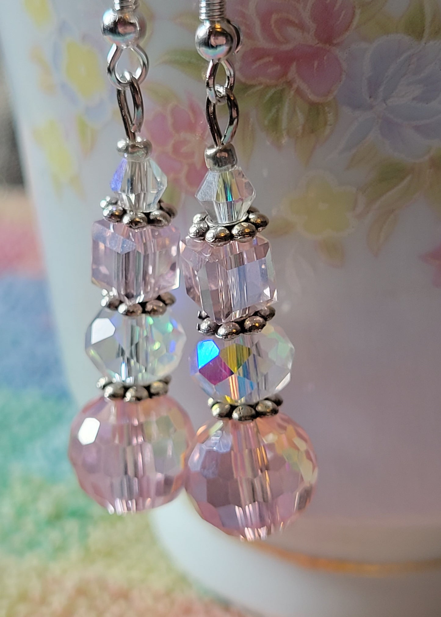 Artisan Pretty Silver Tone Pink & Clear Crystal Dangle Drop Fashion Earrings