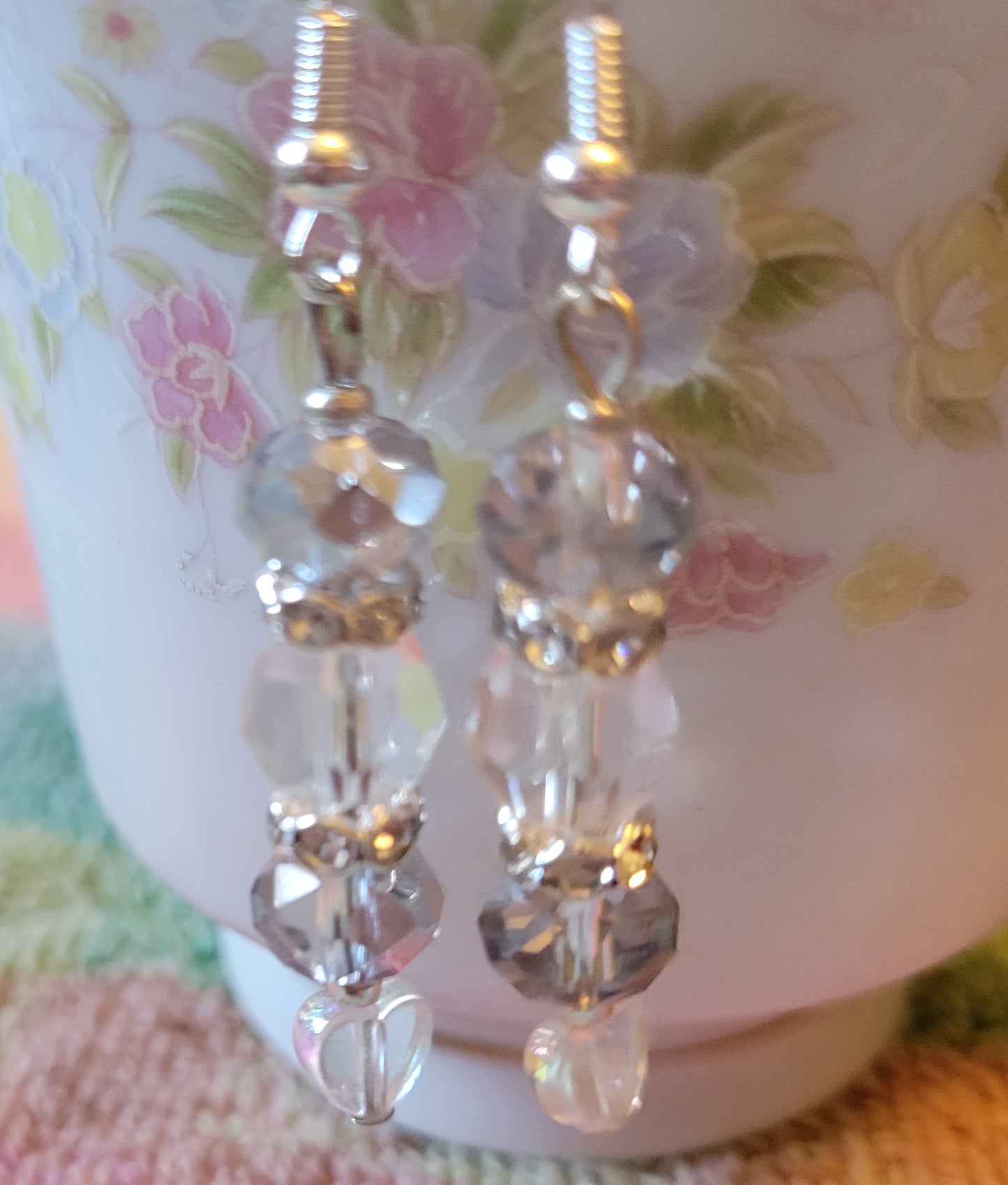 Artisan Elegant Light Gray HEART Crystal Rhinestone Dangle Silver Earrings