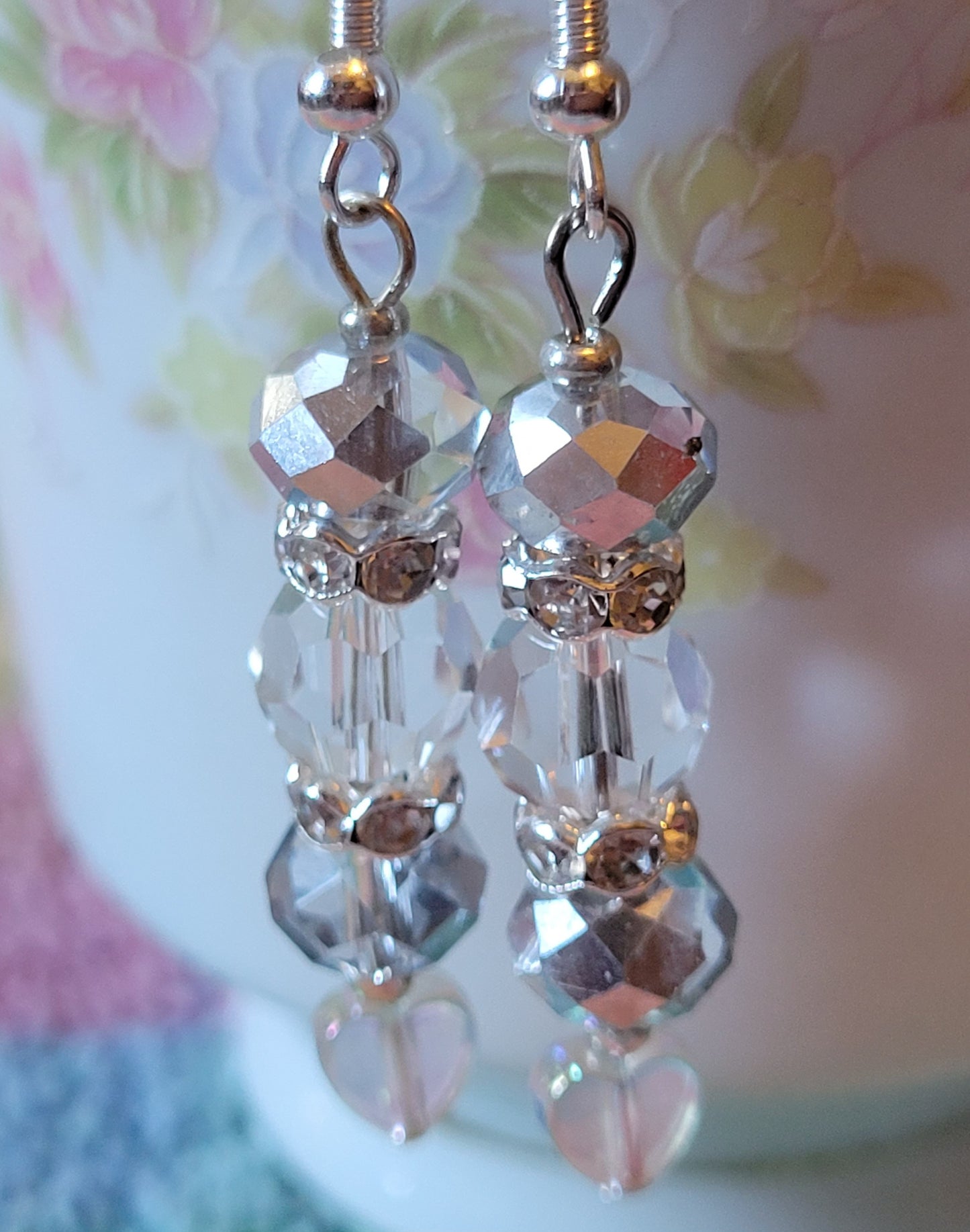 Artisan Elegant Light Gray HEART Crystal Rhinestone Dangle Silver Earrings