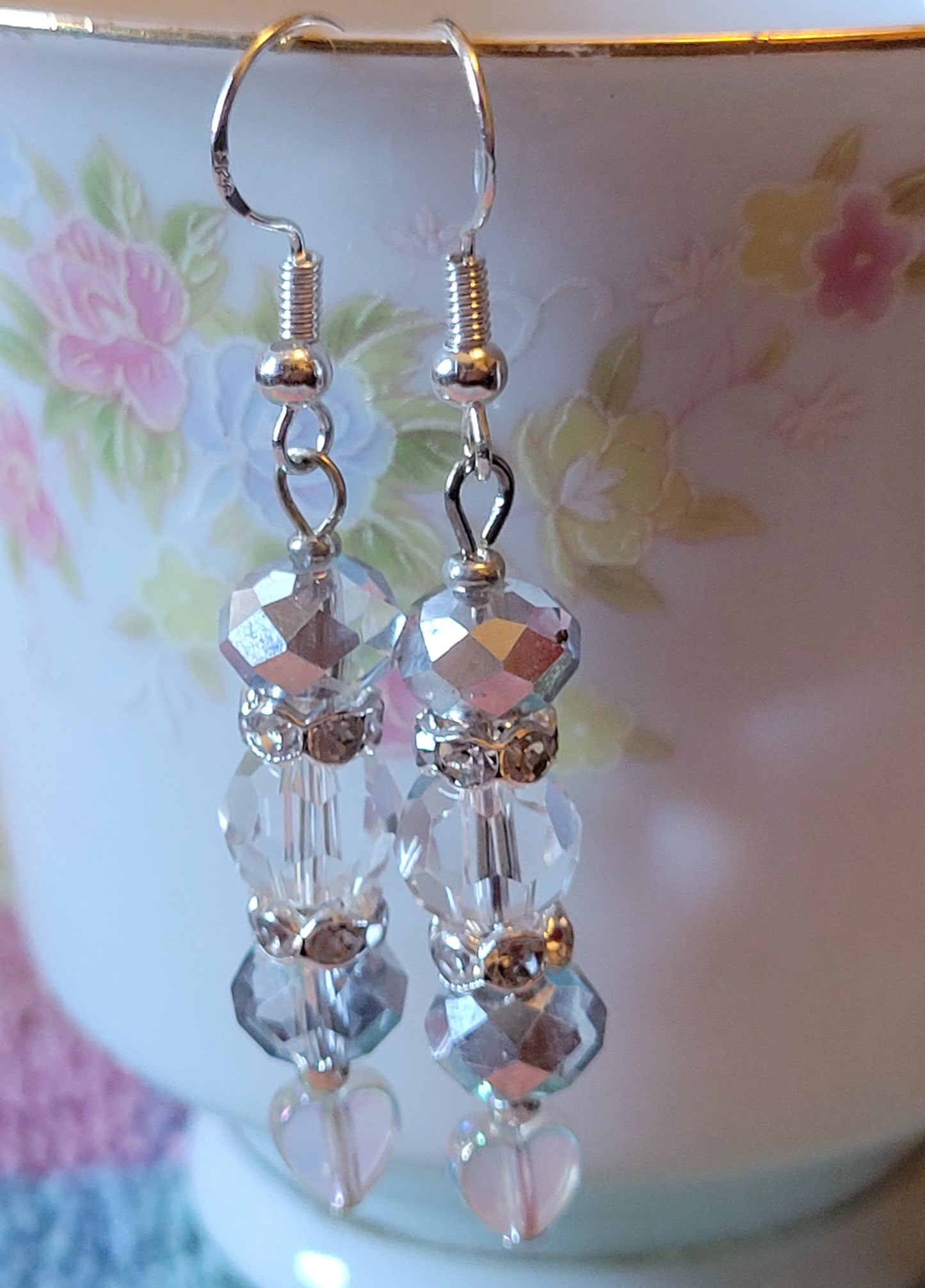 Artisan Elegant Light Gray HEART Crystal Rhinestone Dangle Silver Earrings
