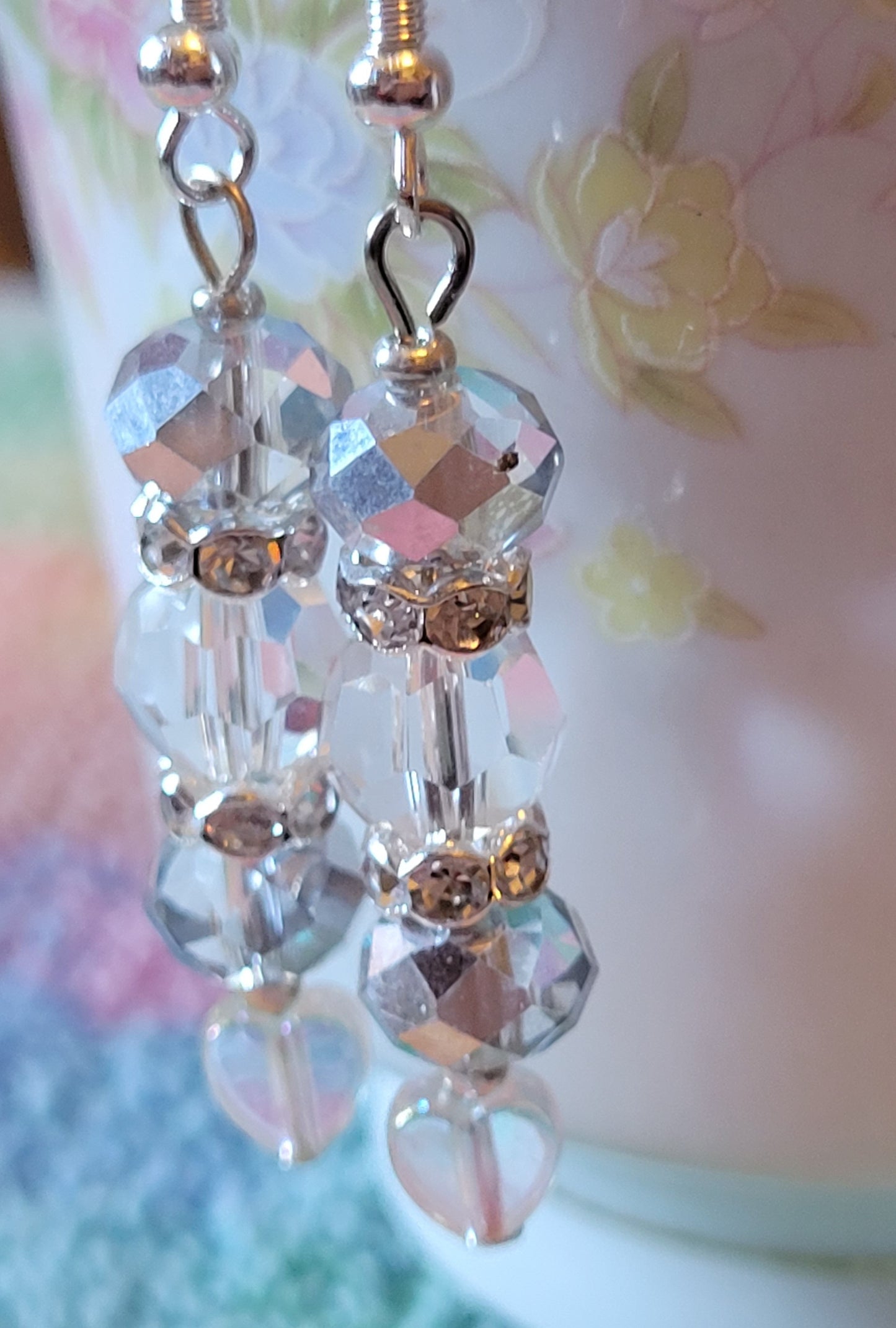 Artisan Elegant Light Gray HEART Crystal Rhinestone Dangle Silver Earrings