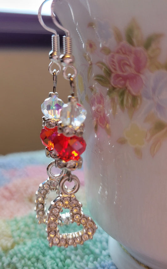 Artisan Pretty Rhinestone Hearts RED Crystal Dangle Earrings Silvertone...
