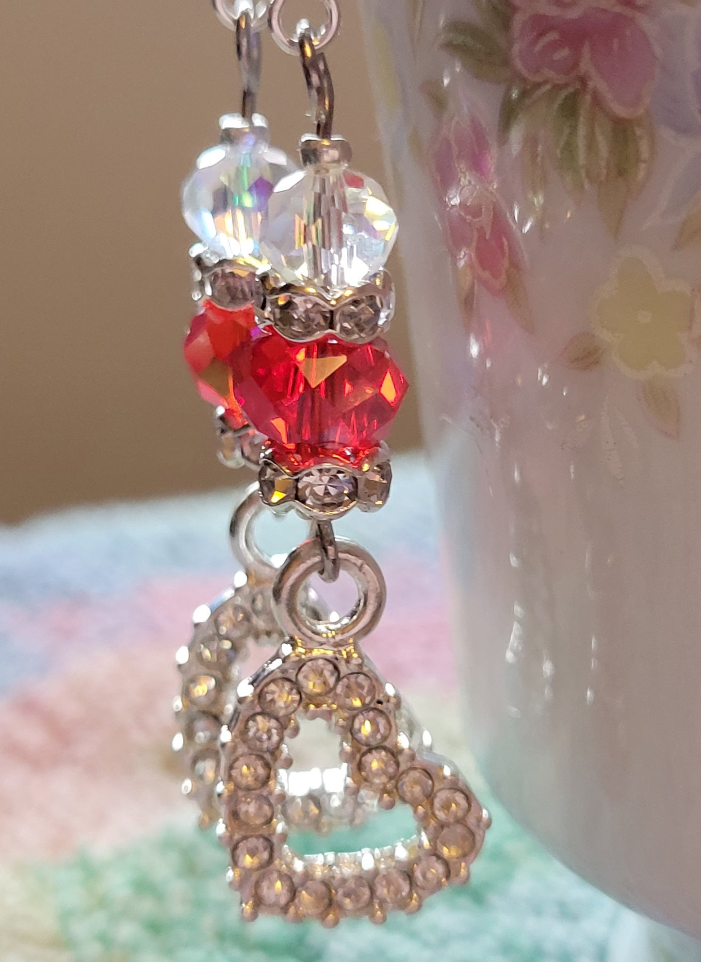 Artisan Pretty Rhinestone Hearts RED Crystal Dangle Earrings Silvertone...