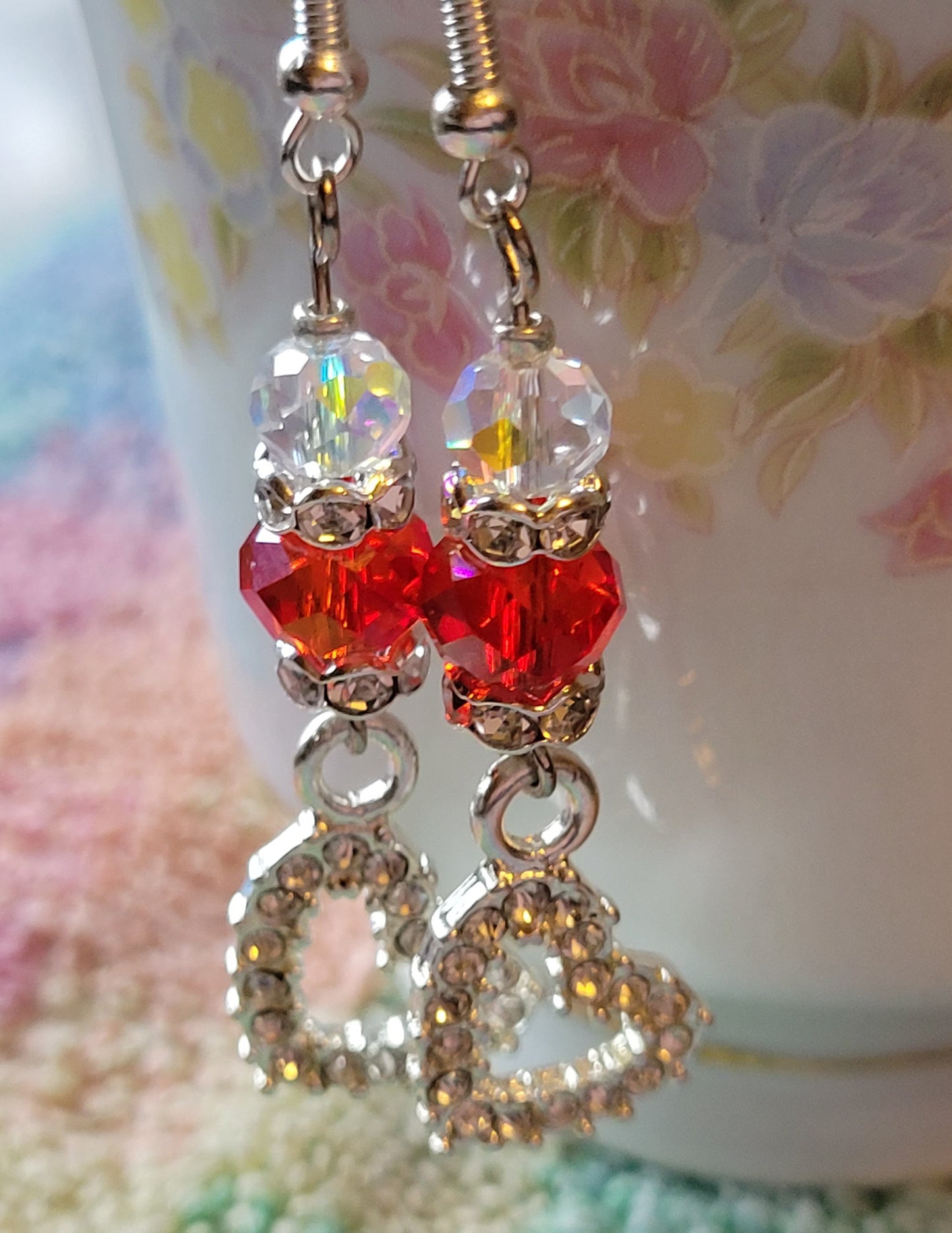 Artisan Pretty Rhinestone Hearts RED Crystal Dangle Earrings Silvertone...