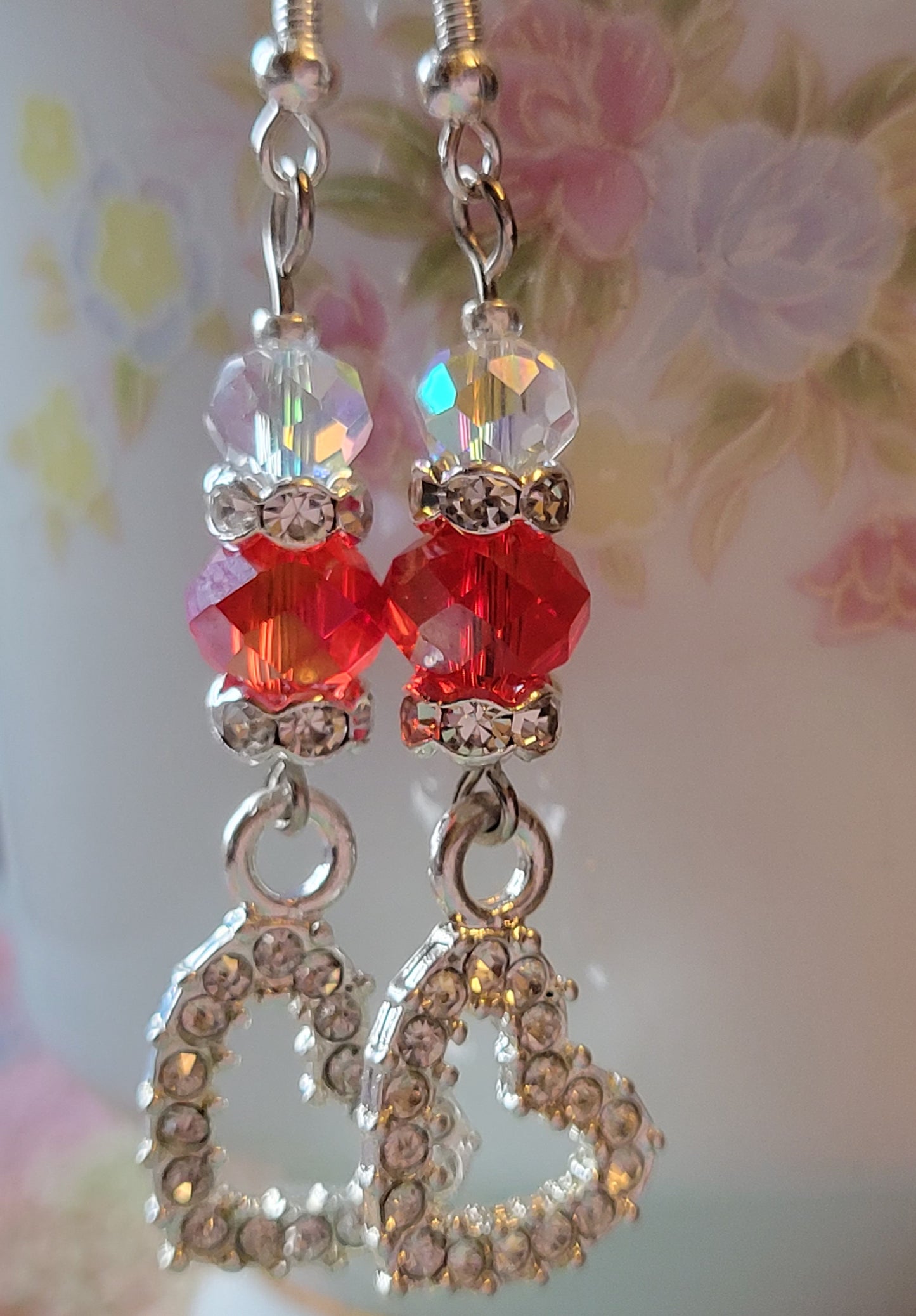 Artisan Pretty Rhinestone Hearts RED Crystal Dangle Earrings Silvertone...