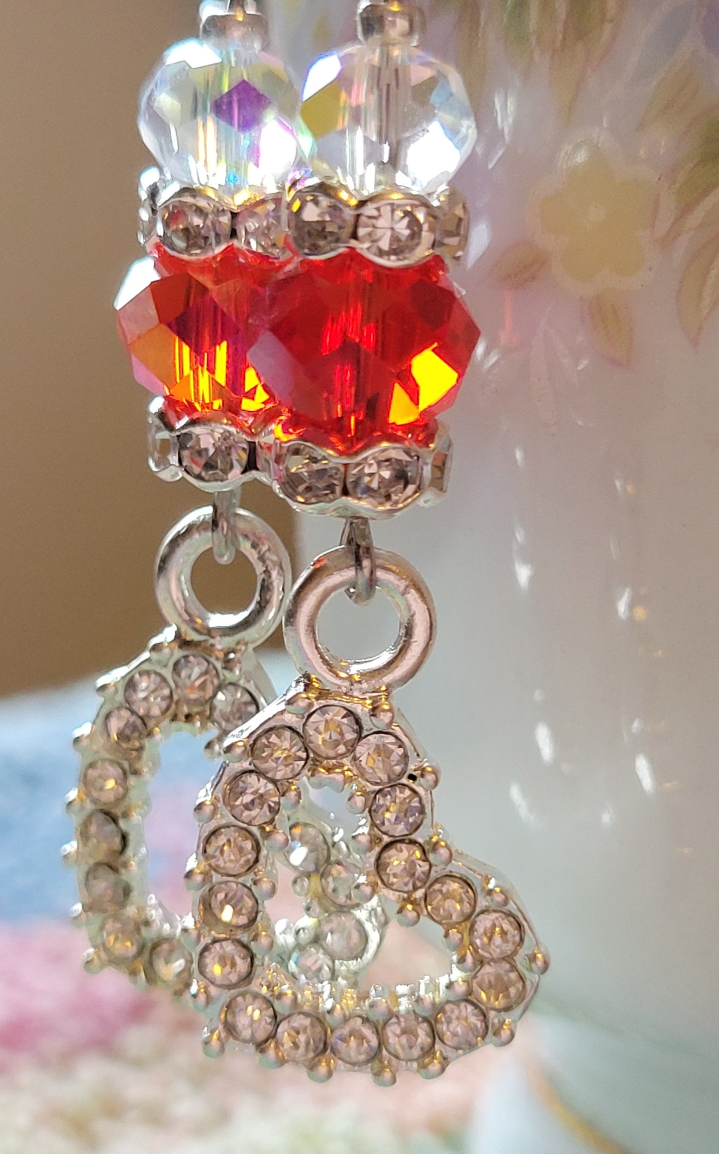 Artisan Pretty Rhinestone Hearts RED Crystal Dangle Earrings Silvertone...