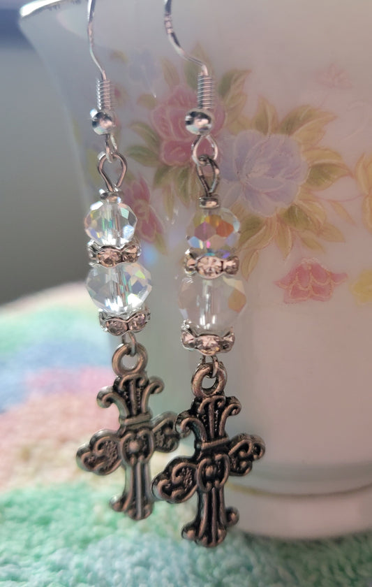 Pretty Decorative CROSS & Crystal Dangle Drop Pierced Earrings Tibetan Silver