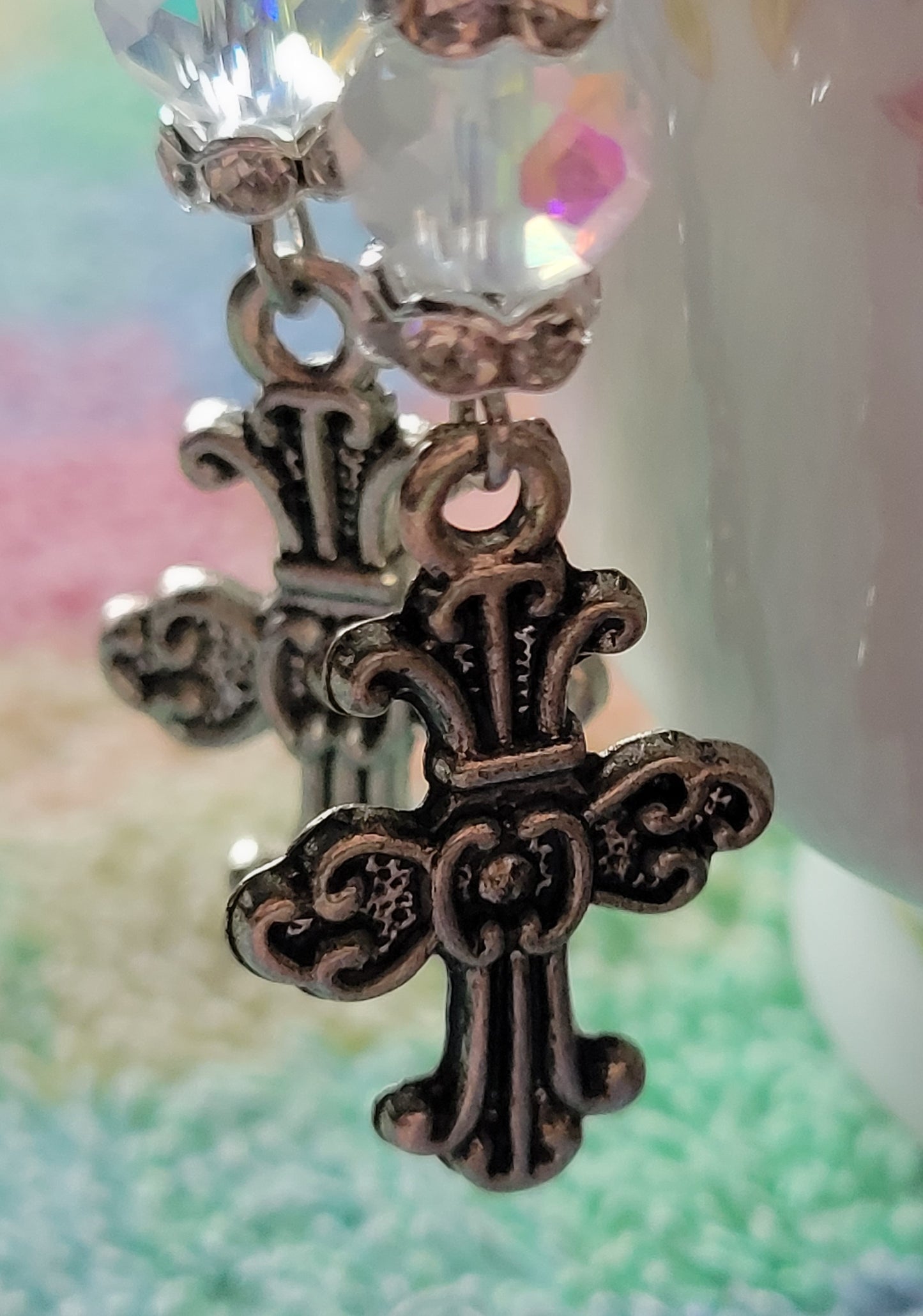 Pretty Decorative CROSS & Crystal Dangle Drop Pierced Earrings Tibetan Silver