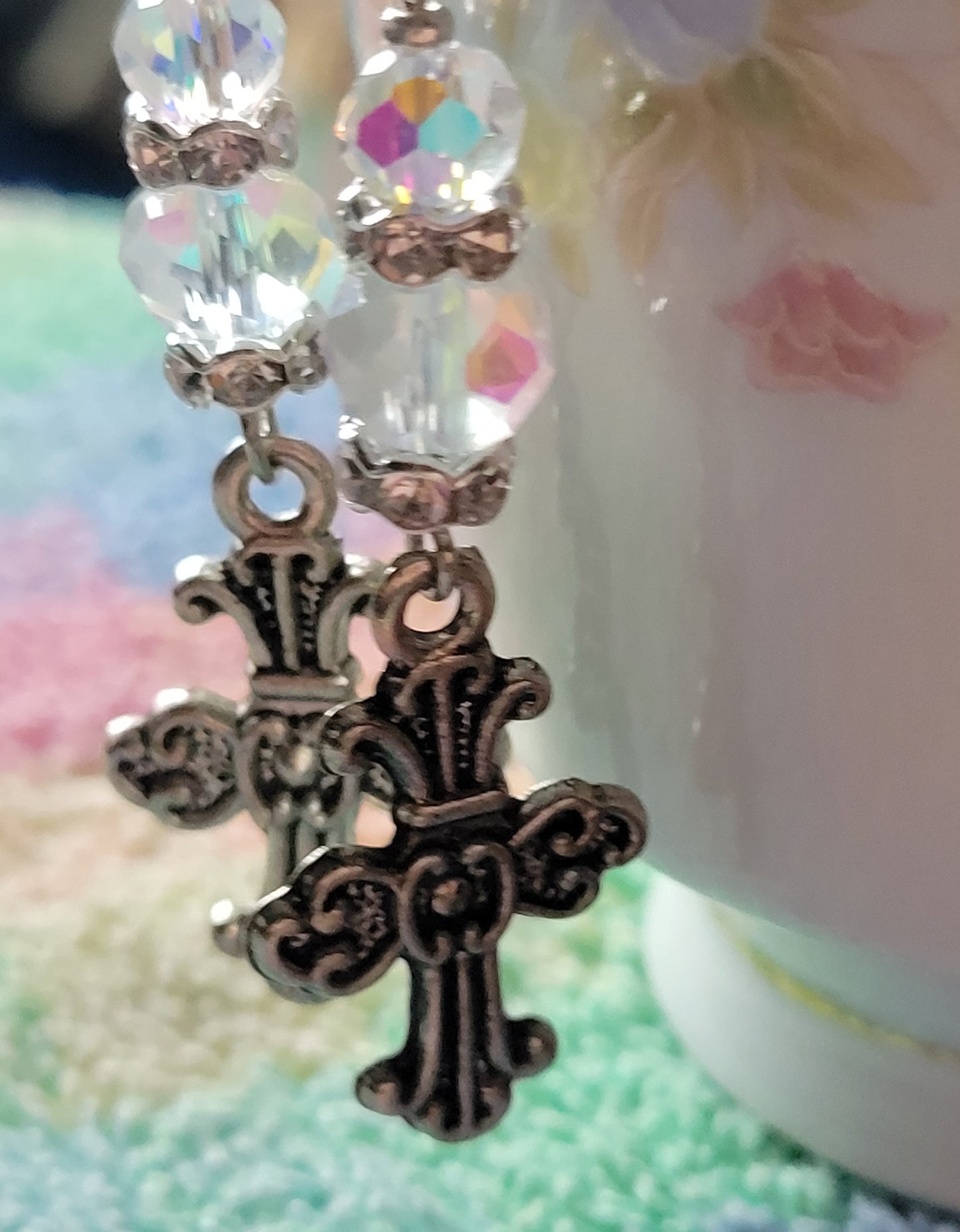 Pretty Decorative CROSS & Crystal Dangle Drop Pierced Earrings Tibetan Silver