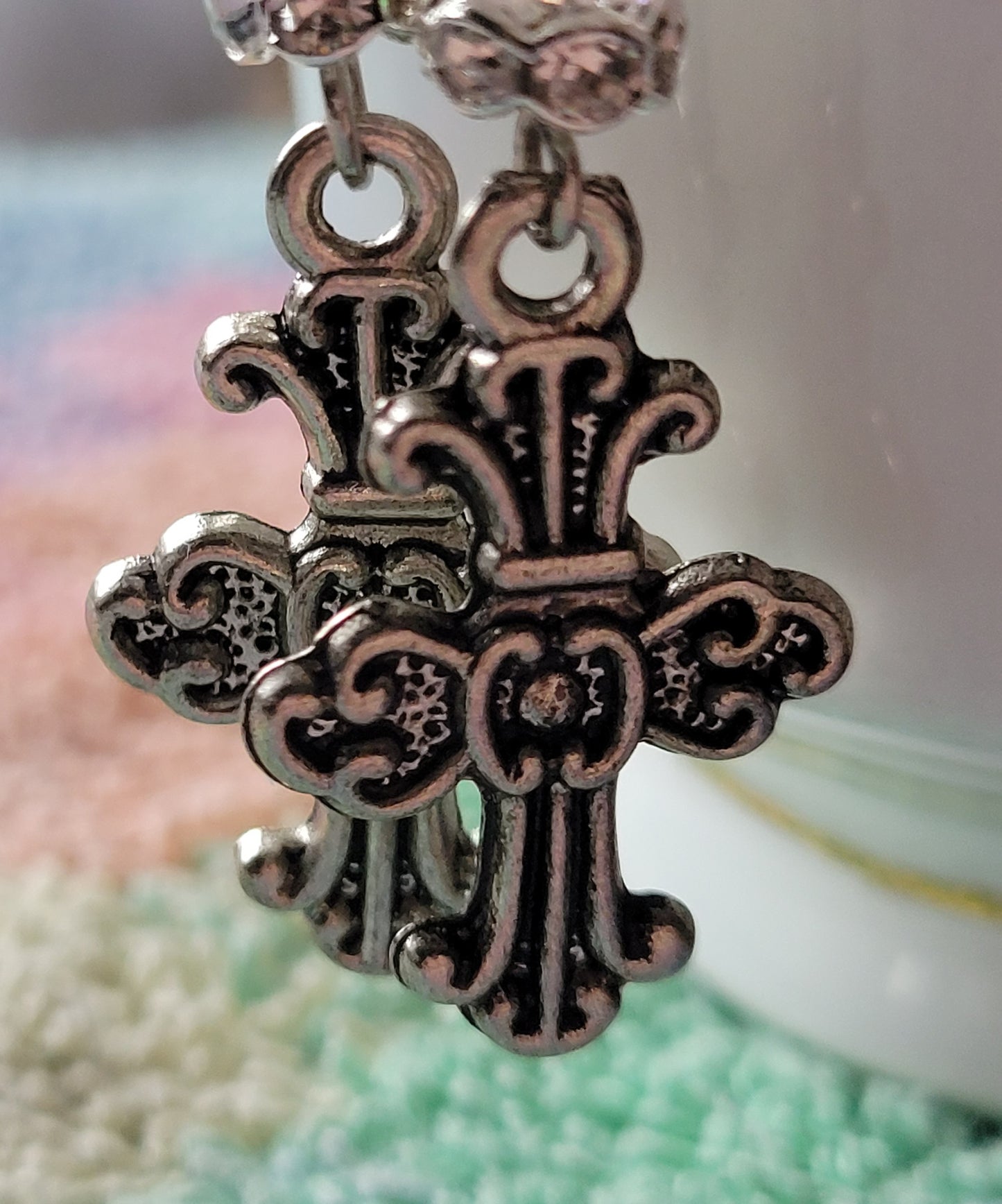 Pretty Decorative CROSS & Crystal Dangle Drop Pierced Earrings Tibetan Silver