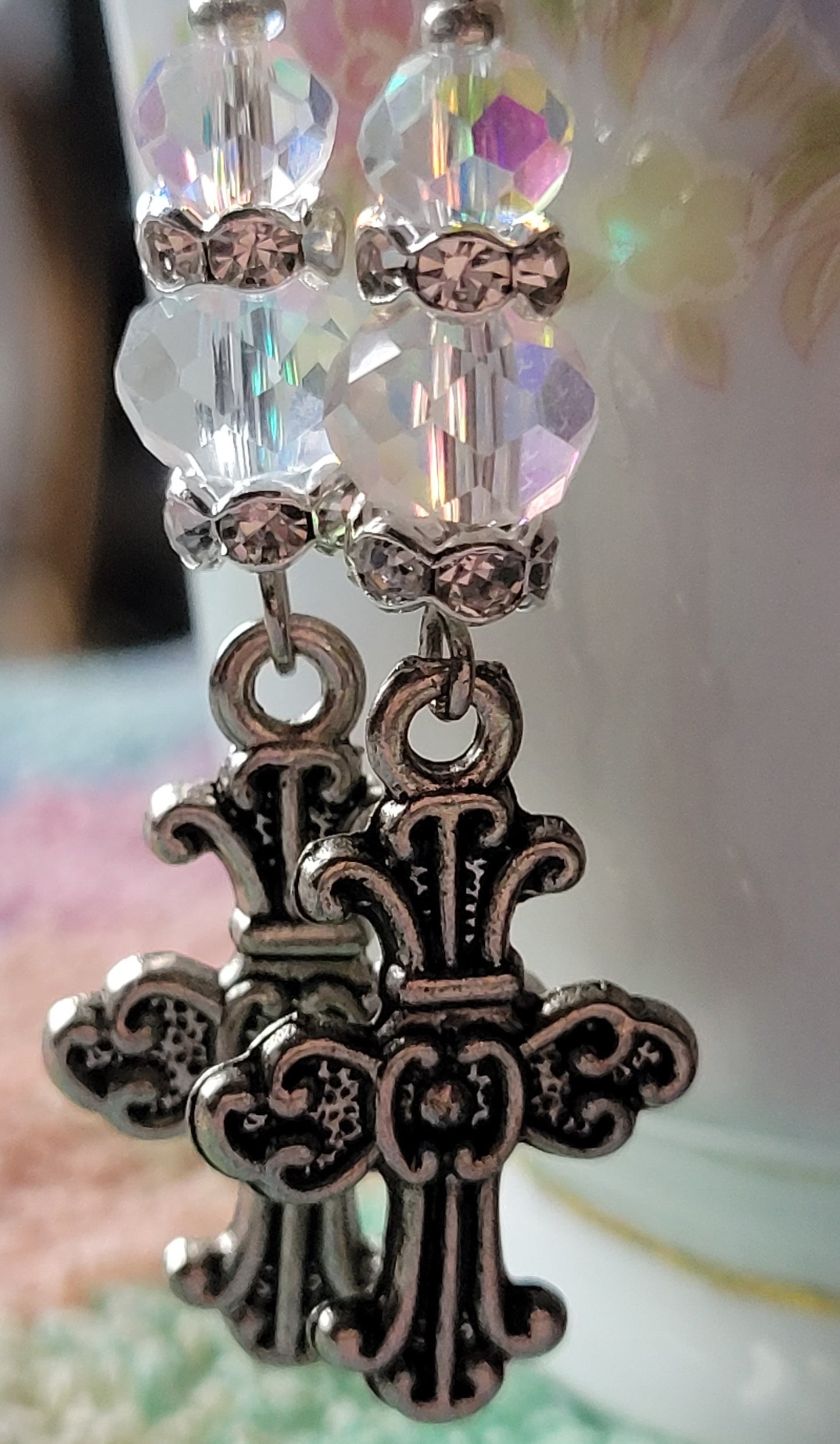 Pretty Decorative CROSS & Crystal Dangle Drop Pierced Earrings Tibetan Silver
