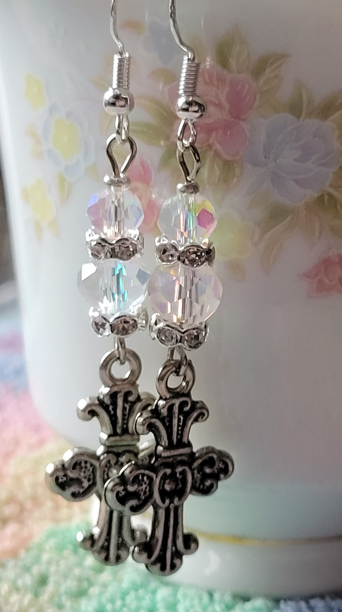Pretty Decorative CROSS & Crystal Dangle Drop Pierced Earrings Tibetan Silver