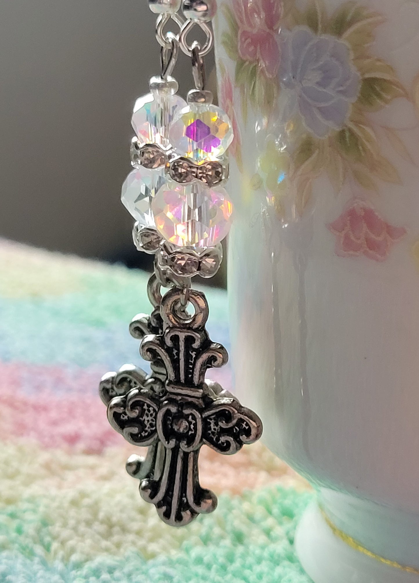 Pretty Decorative CROSS & Crystal Dangle Drop Pierced Earrings Tibetan Silver
