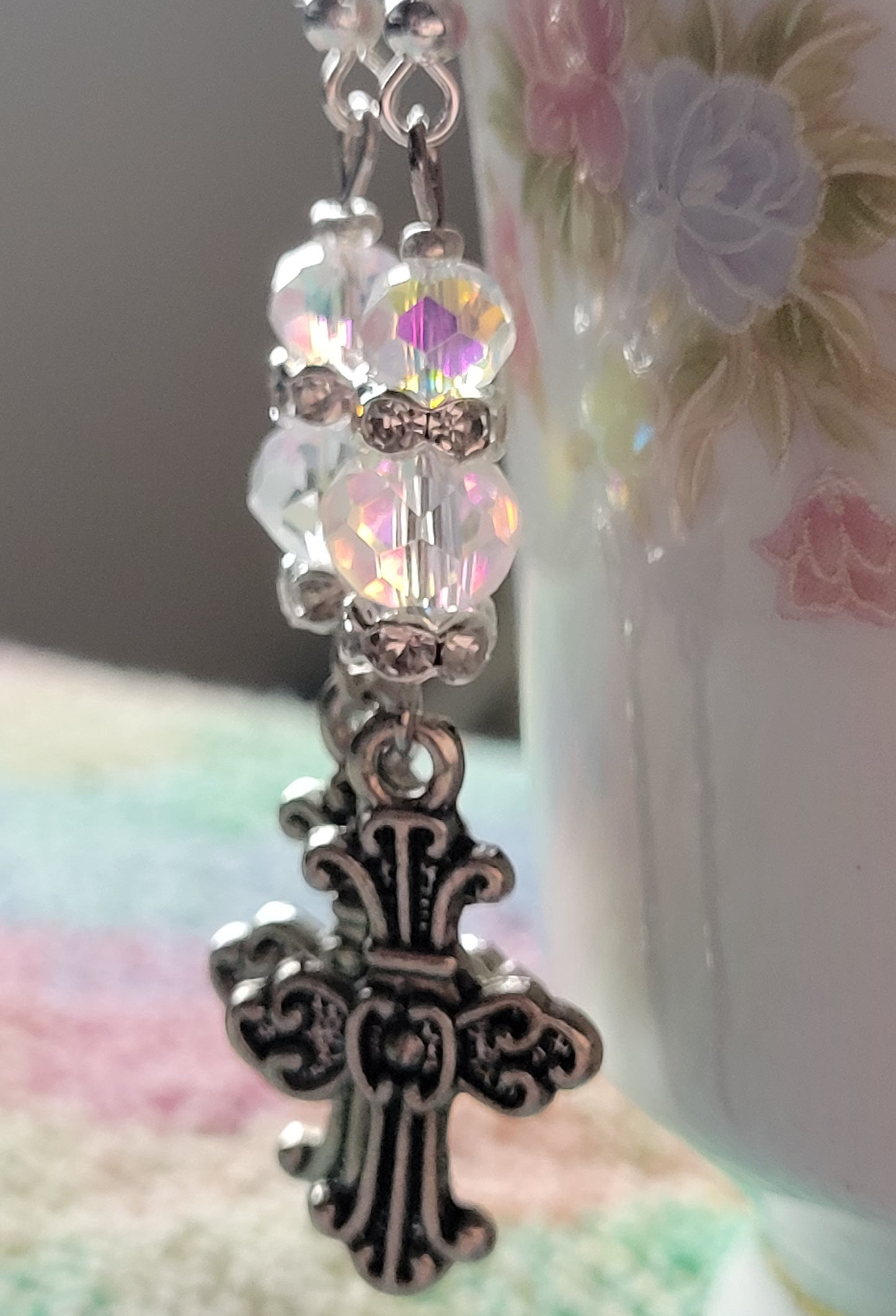 Pretty Decorative CROSS & Crystal Dangle Drop Pierced Earrings Tibetan Silver