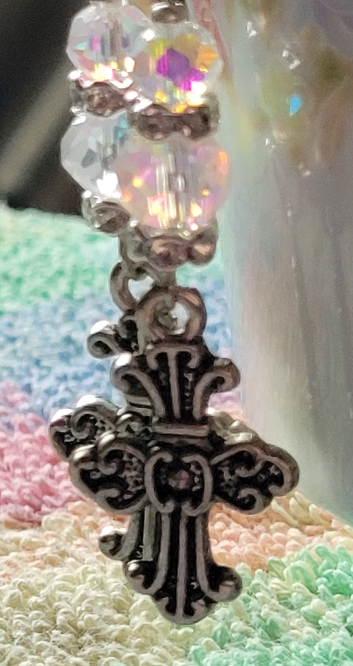 Pretty Decorative CROSS & Crystal Dangle Drop Pierced Earrings Tibetan Silver