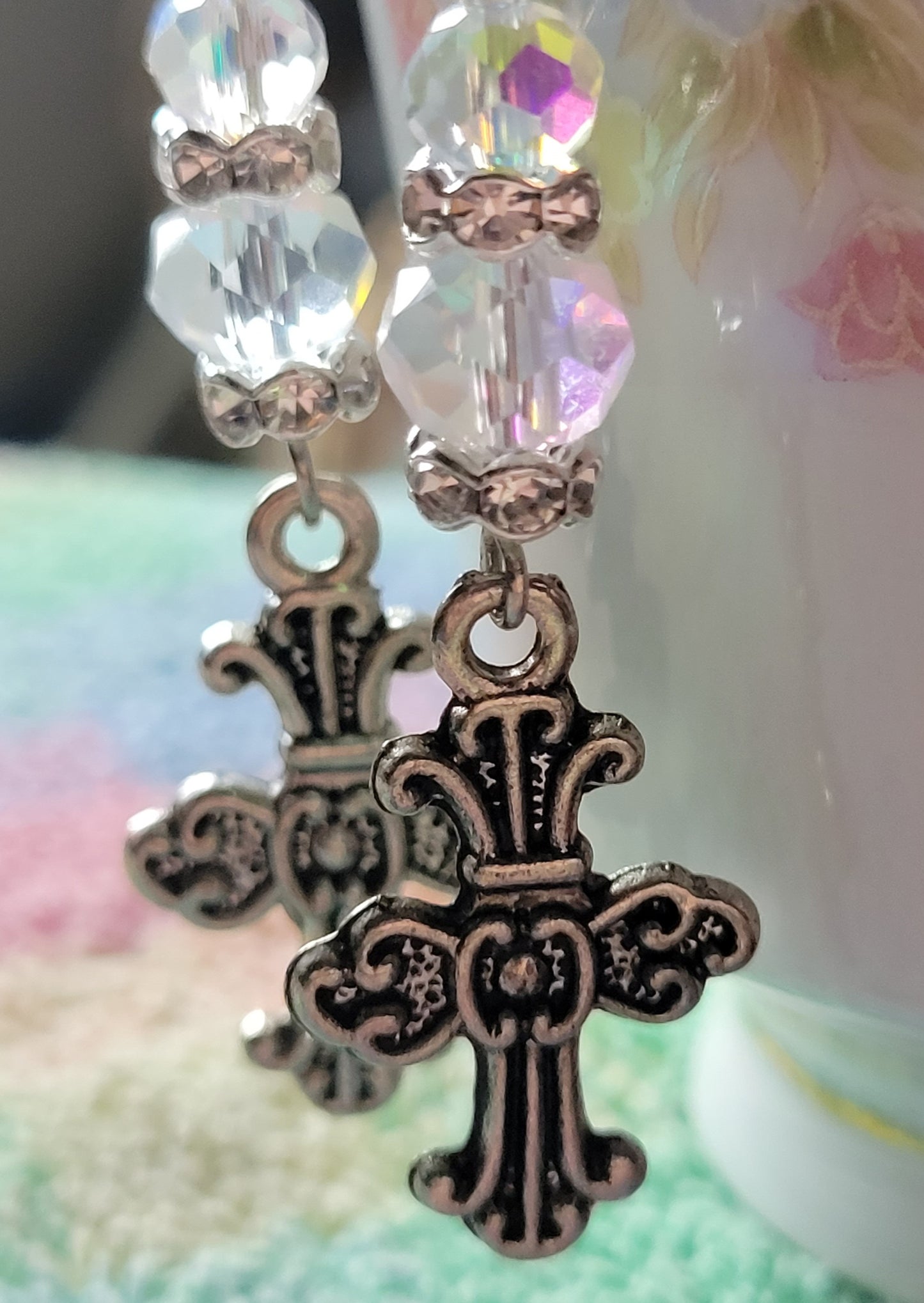 Pretty Decorative CROSS & Crystal Dangle Drop Pierced Earrings Tibetan Silver