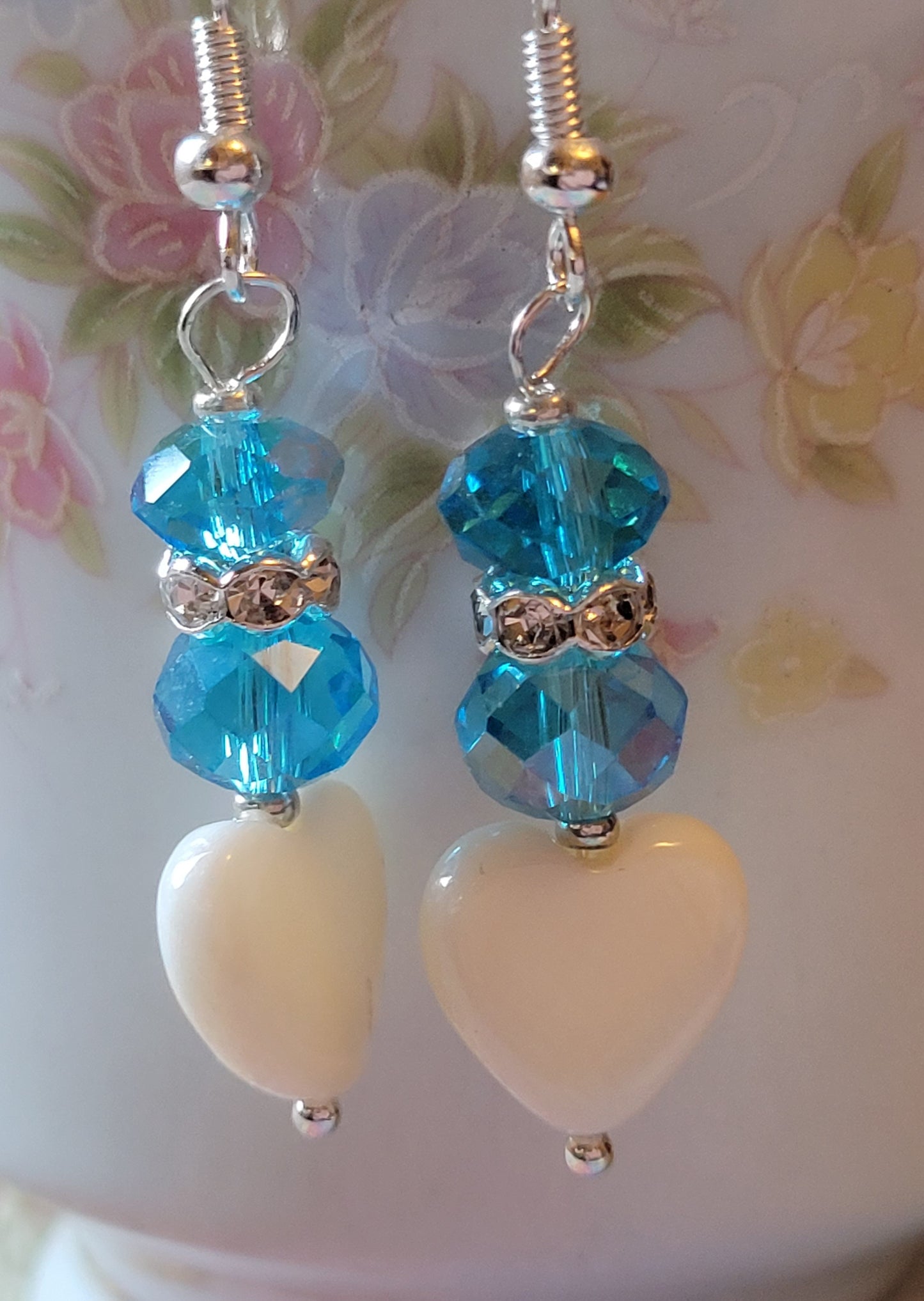 Artisan White Heart BLUE Crystal & Rhinestone Dangle Drop Silvertone Fashion Earrings French Wire
