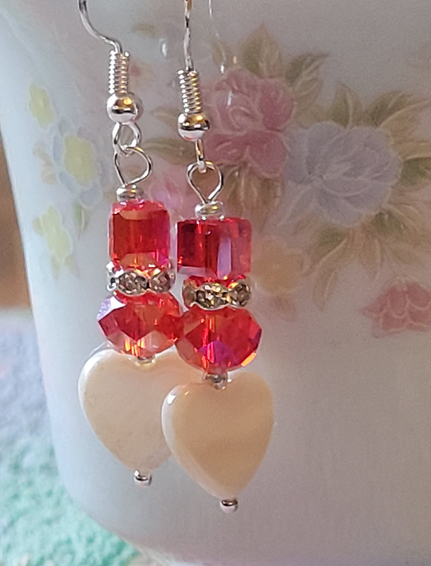 Artisan White Heart RED Crystal & Rhinestone Dangle Drop Silvertone Fashion Earrings French Wire