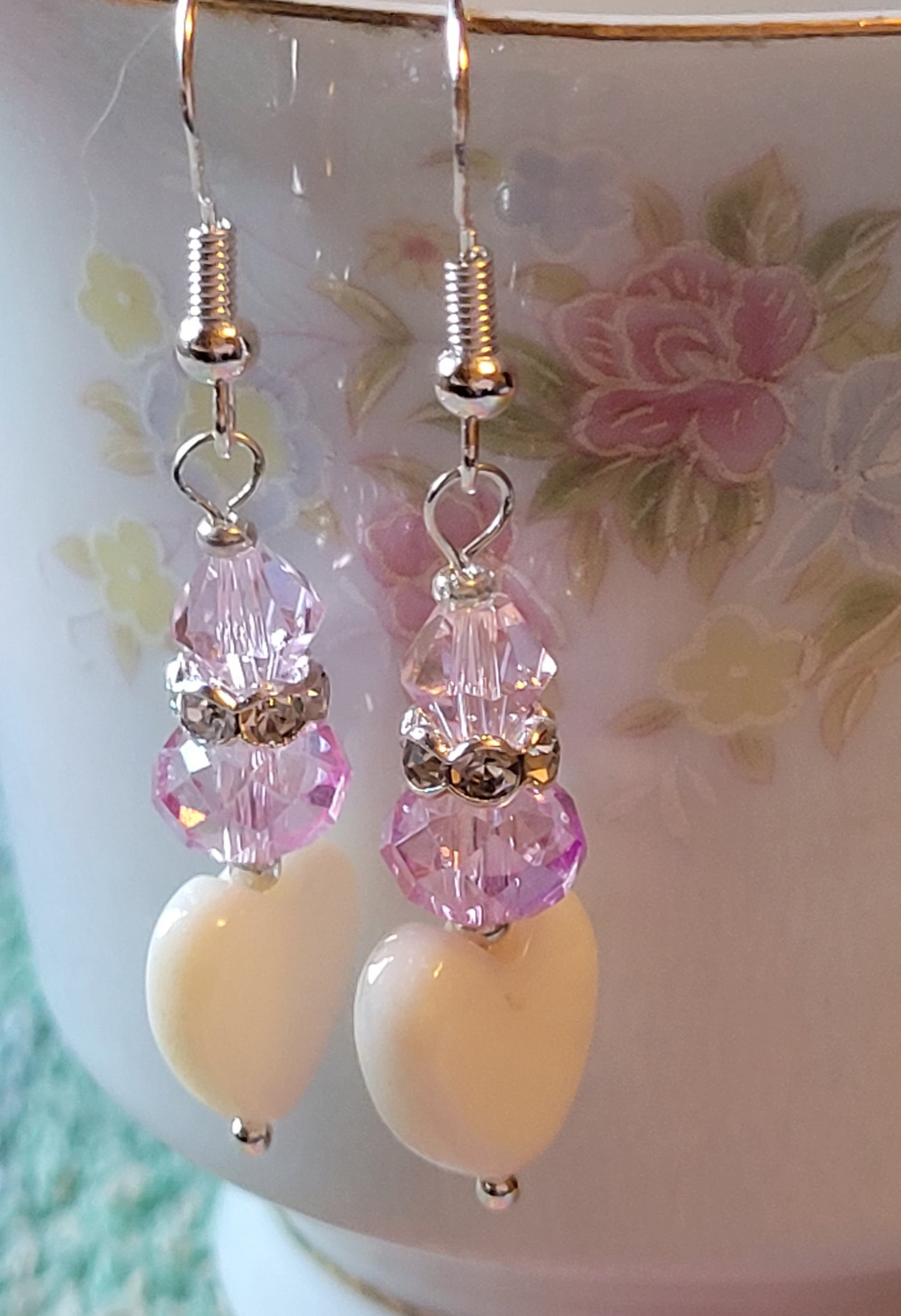 Artisan White Heart Pink Crystal & Rhinestone Dangle Drop Silvertone Fashion Earrings French Wire