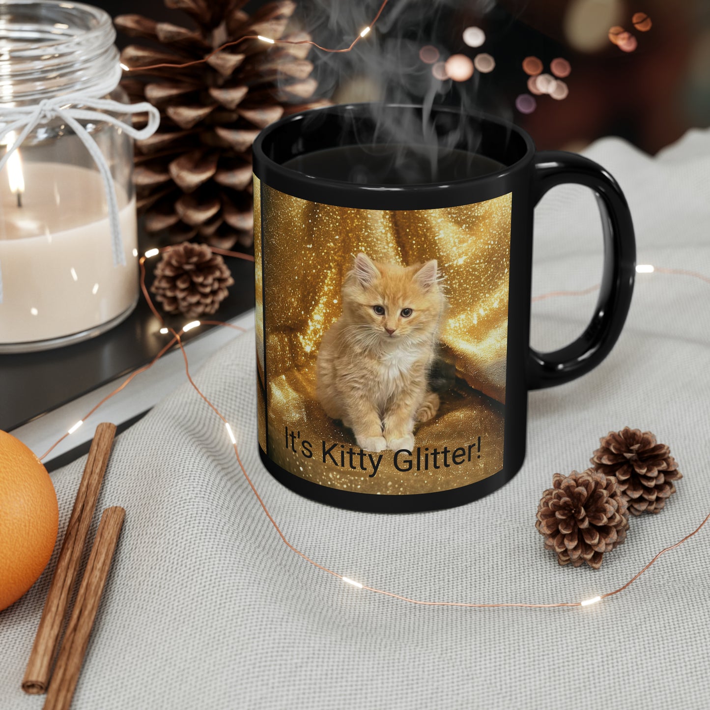 Orange Tabby Its KITTY GLITTER Black Coffee Mug (11oz)