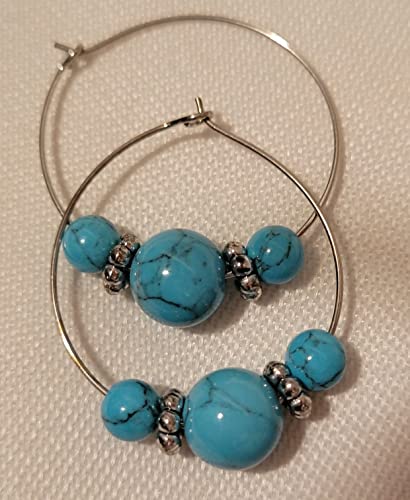 Turquoise BOHO Style Beaded Hoop Silver Tone Fashion Earrings