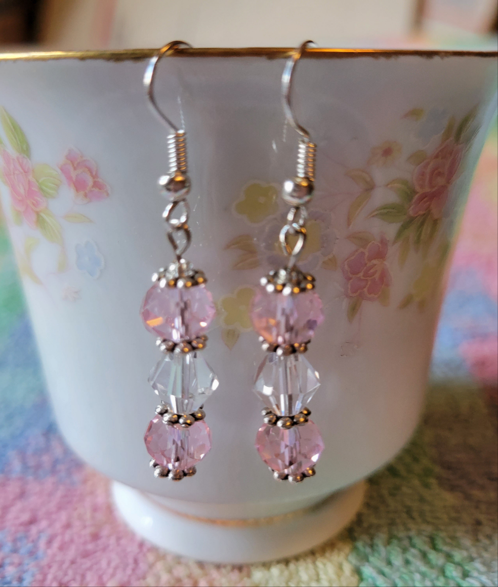 Pretty Silver Tone Pastel  Pink & Clear Crystal Dangle Drop Fashion Earrings