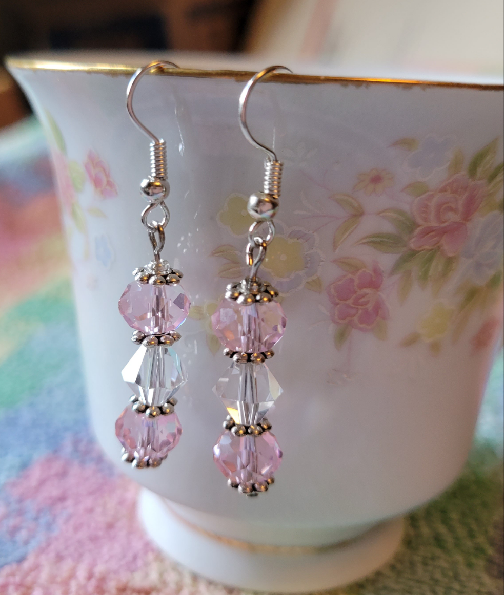 Pretty Silver Tone Pastel  Pink & Clear Crystal Dangle Drop Fashion Earrings