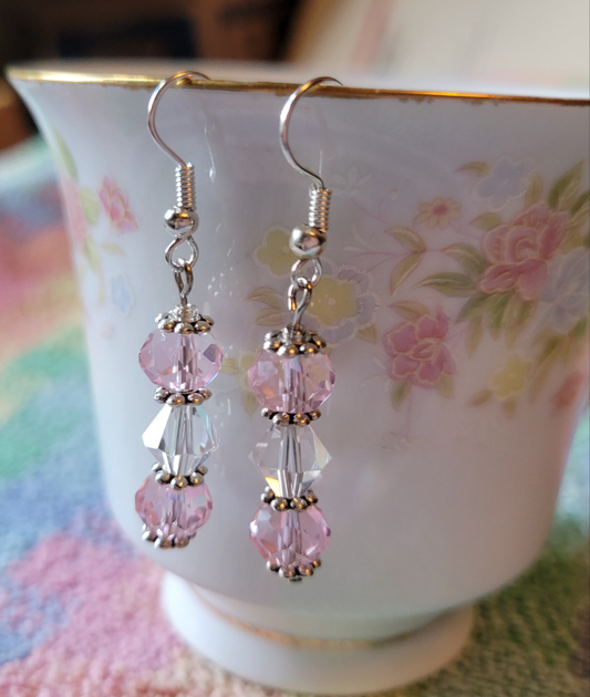 Pretty Silver Tone Pastel  Pink & Clear Crystal Dangle Drop Fashion Earrings
