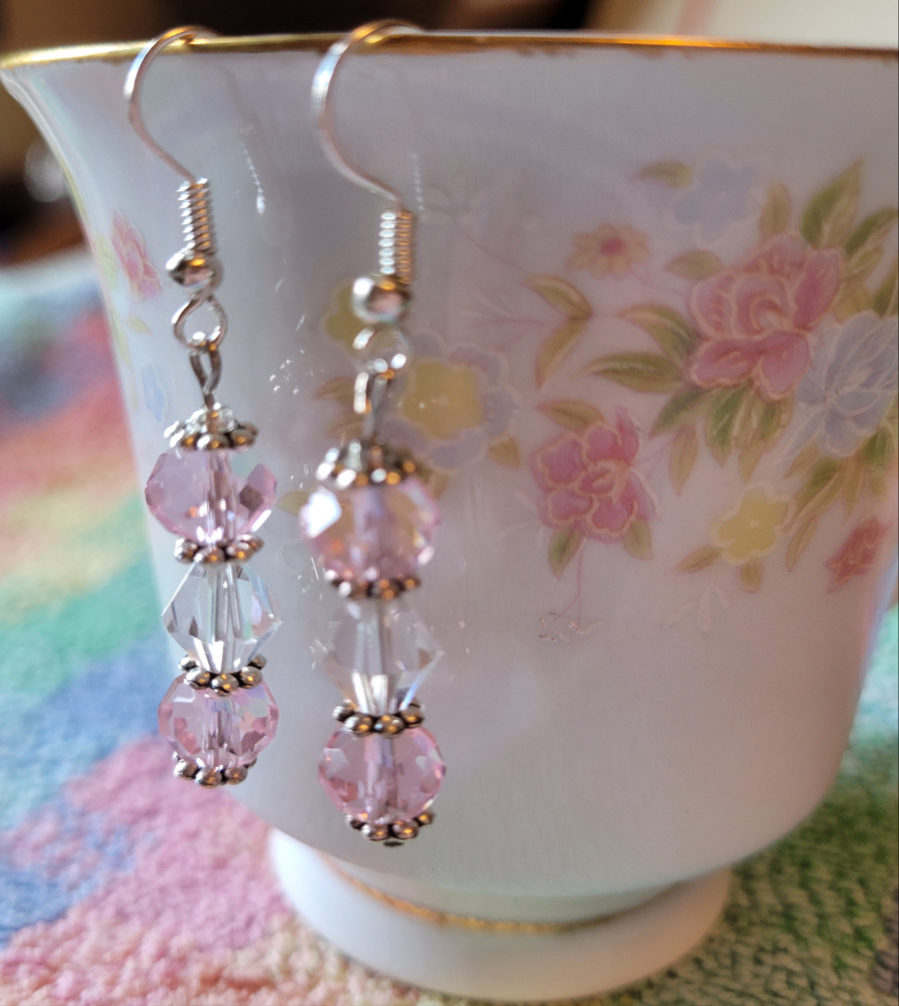 Pretty Silver Tone Pastel  Pink & Clear Crystal Dangle Drop Fashion Earrings
