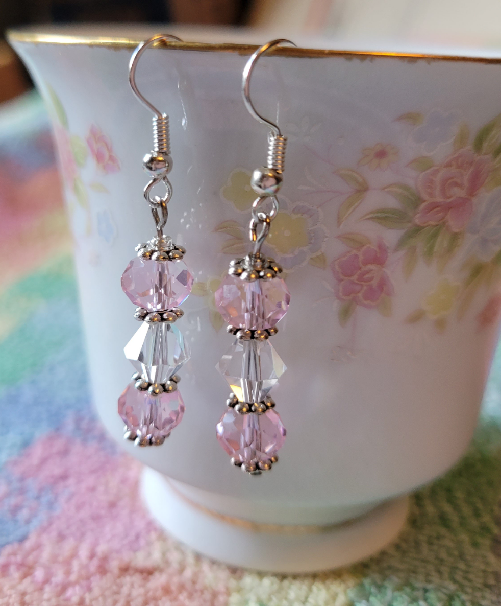 Pretty Silver Tone Pastel  Pink & Clear Crystal Dangle Drop Fashion Earrings