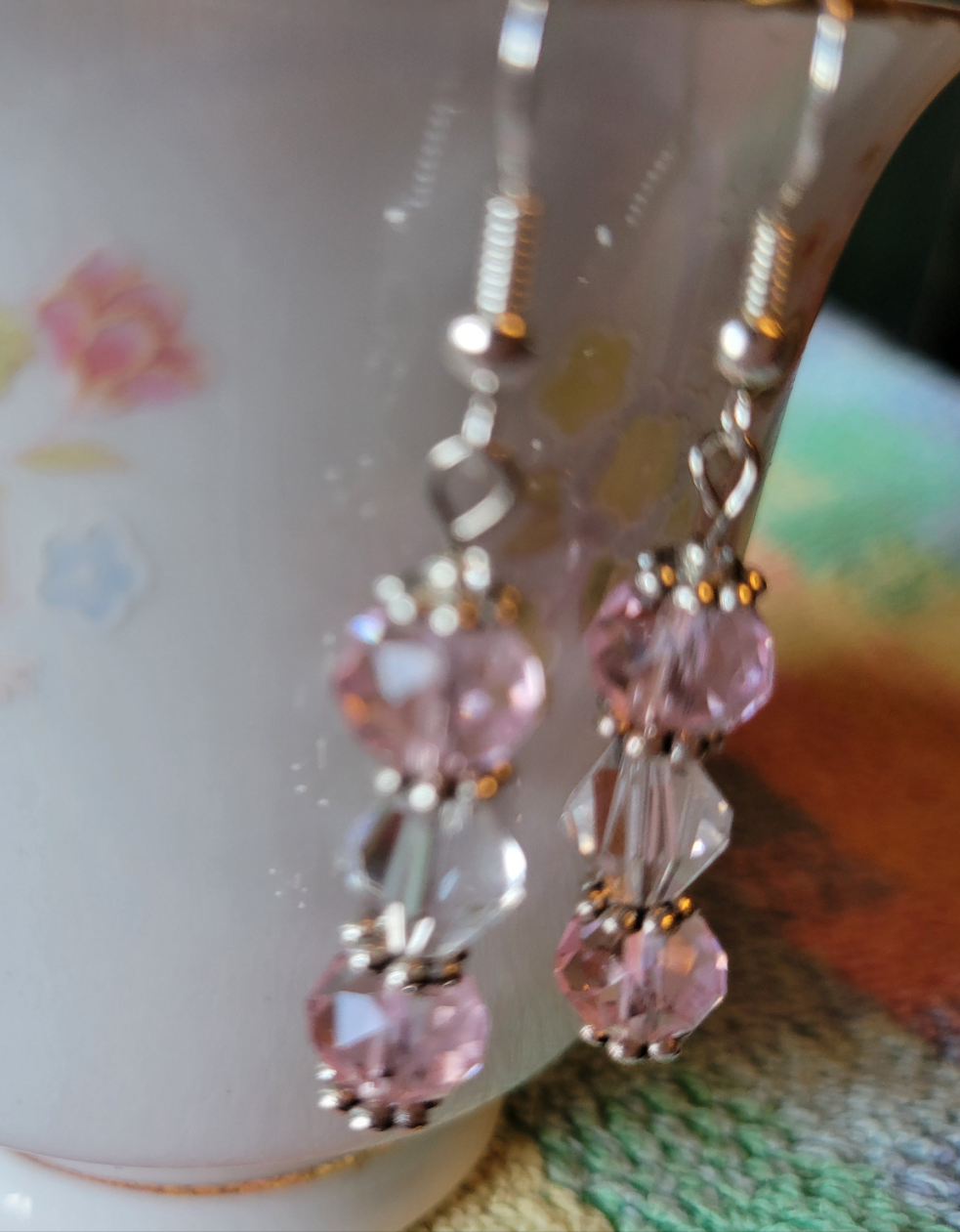 Pretty Silver Tone Pastel  Pink & Clear Crystal Dangle Drop Fashion Earrings