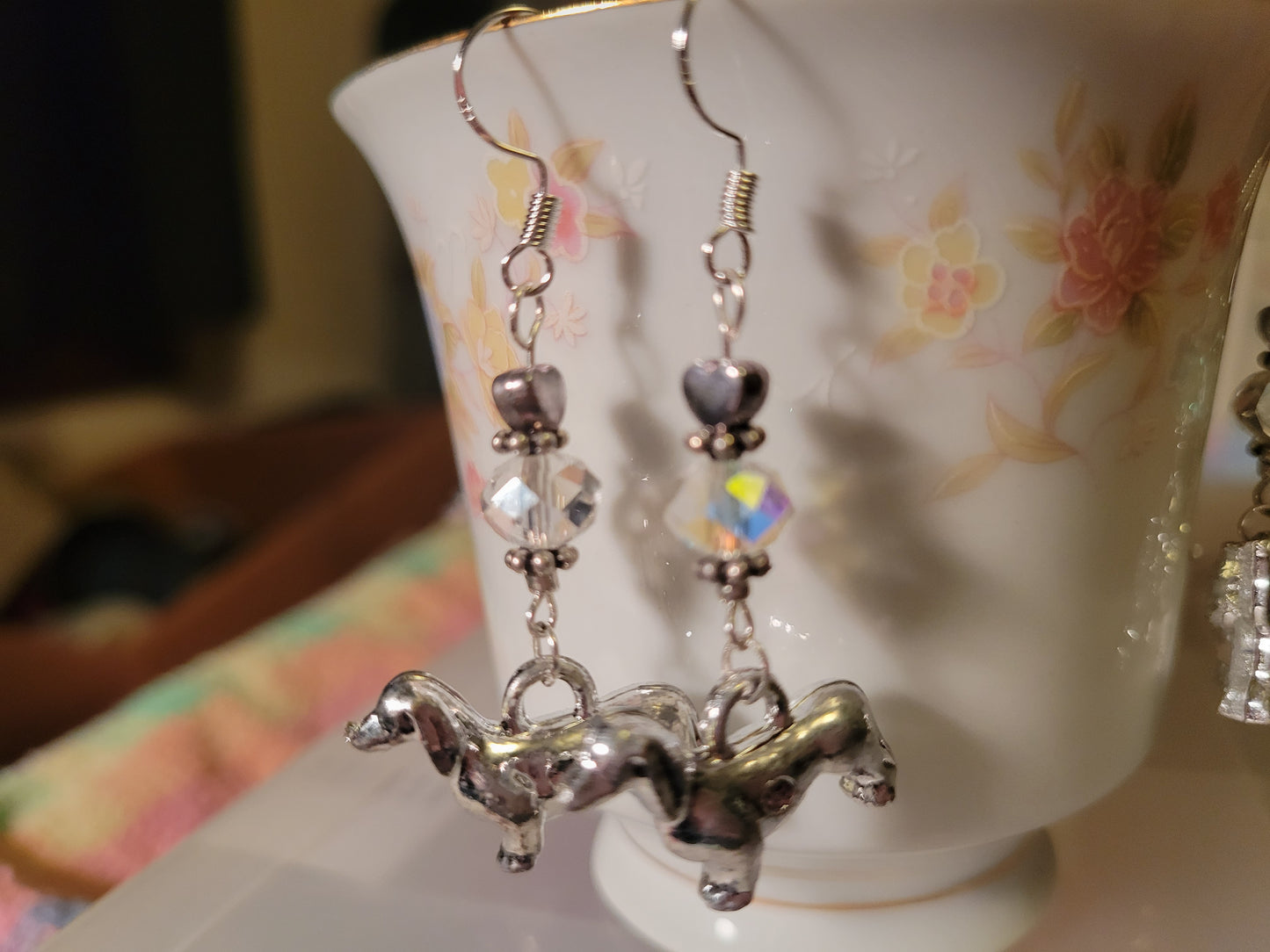 Artisan DASCHUND Dog Breed Dangle Earrings CRYSTAL Silvertone Handmade
