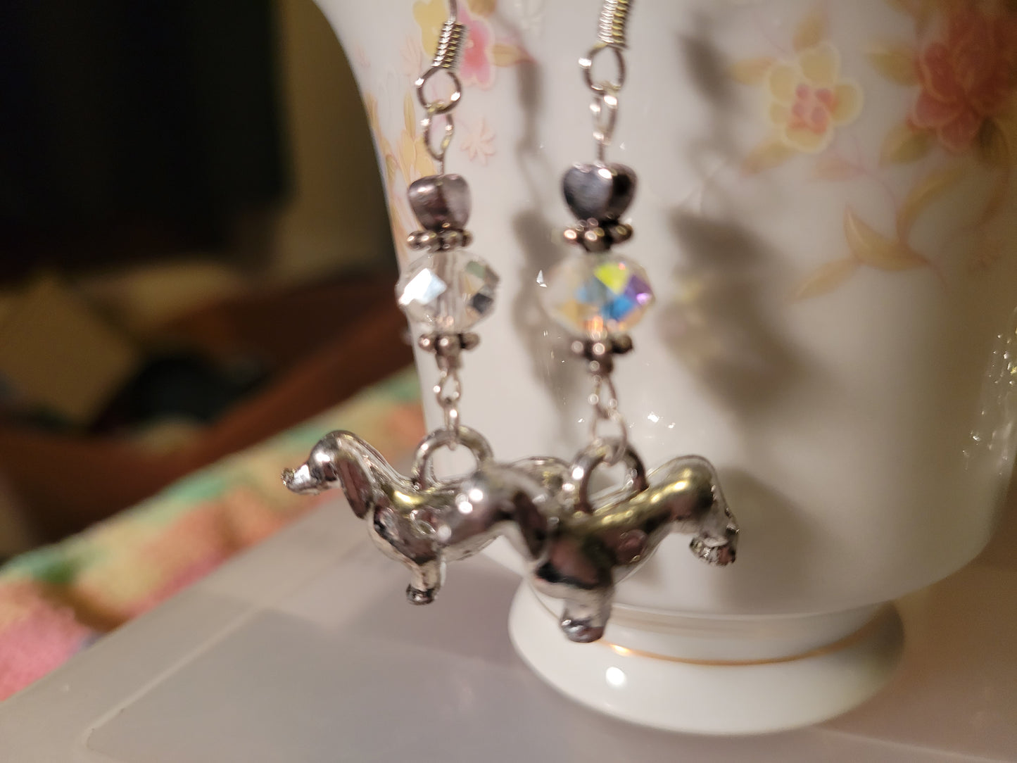Artisan DASCHUND Dog Breed Dangle Earrings CRYSTAL Silvertone Handmade