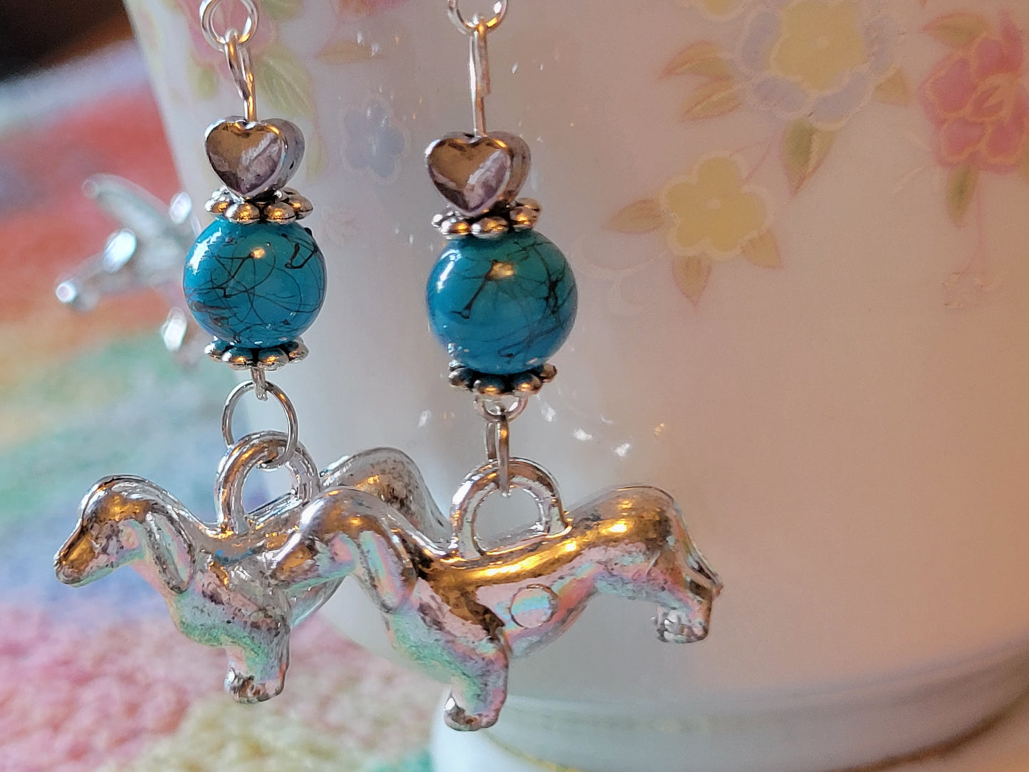 Artisan DASCHUND Dog Breed Dangle Earrings OOAK Handmade TURQUOISE