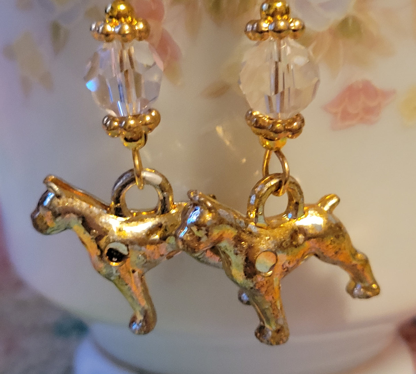 Artisan BOXER Dog Breed Dangle Earrings Gold Tone Handmade Clear Crystals