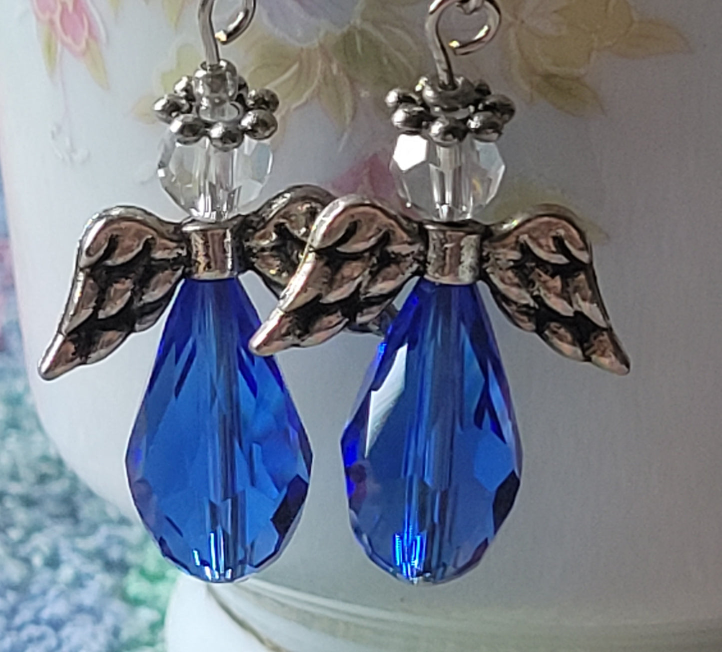 Crystal ANGEL Blue Crystal Dangle Drop Pierced Earrings Fashion Silvertone French Wire