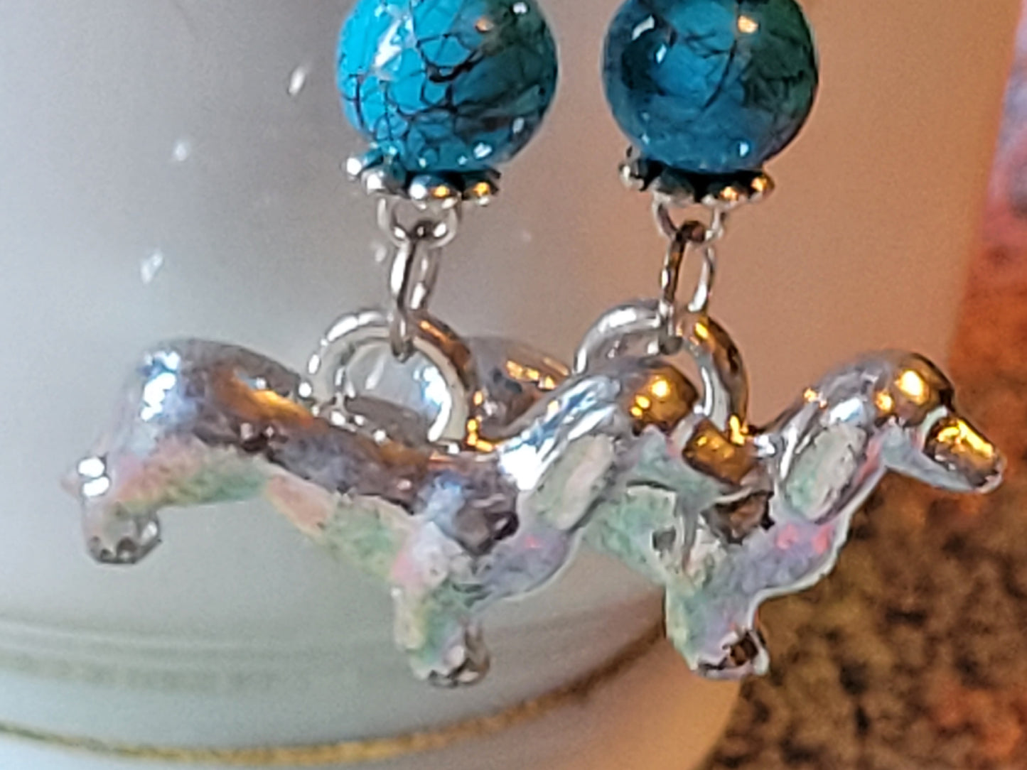 Artisan DASCHUND Dog Breed Dangle Earrings OOAK Handmade TURQUOISE