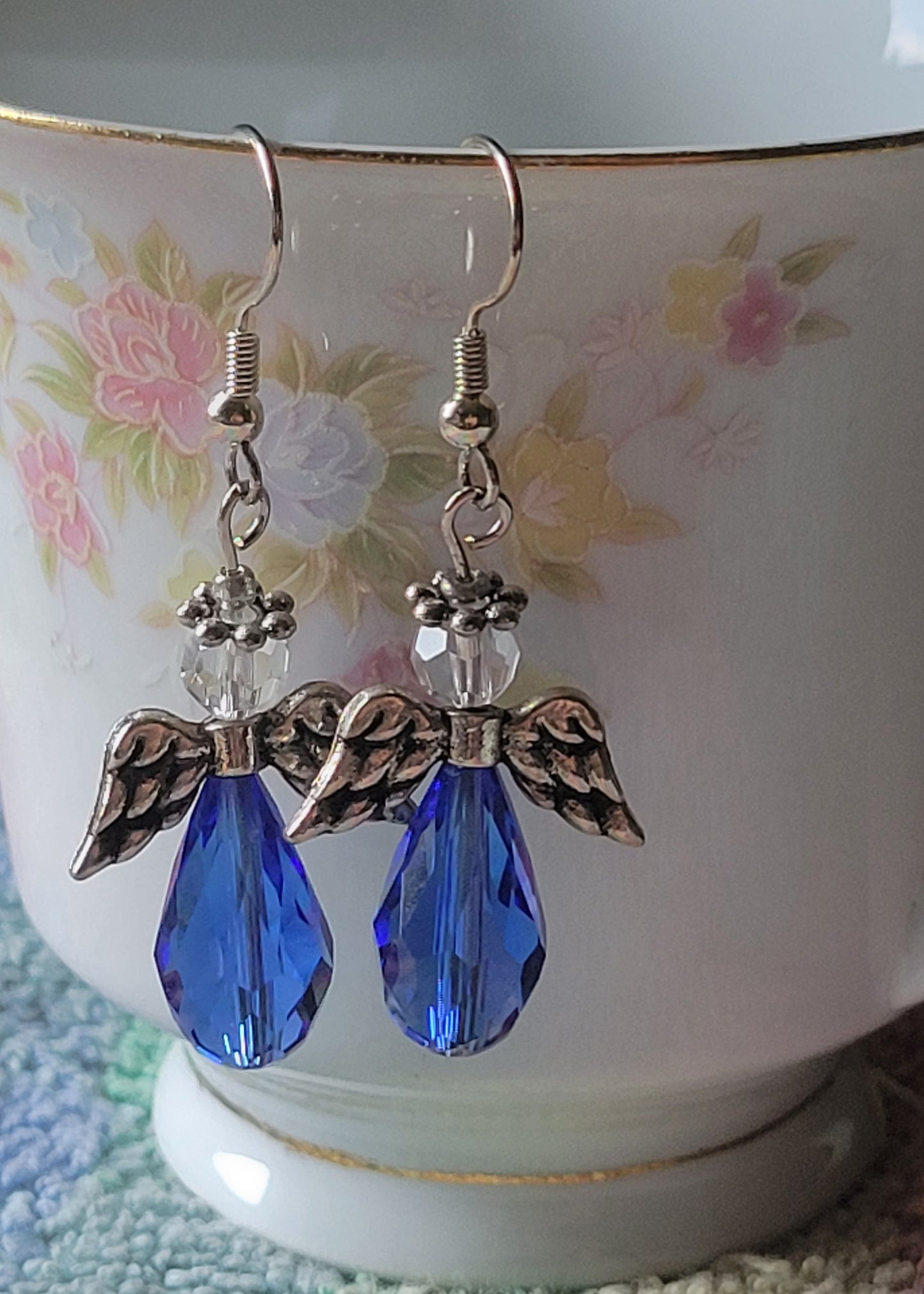 Crystal ANGEL Blue Crystal Dangle Drop Pierced Earrings Fashion Silvertone French Wire