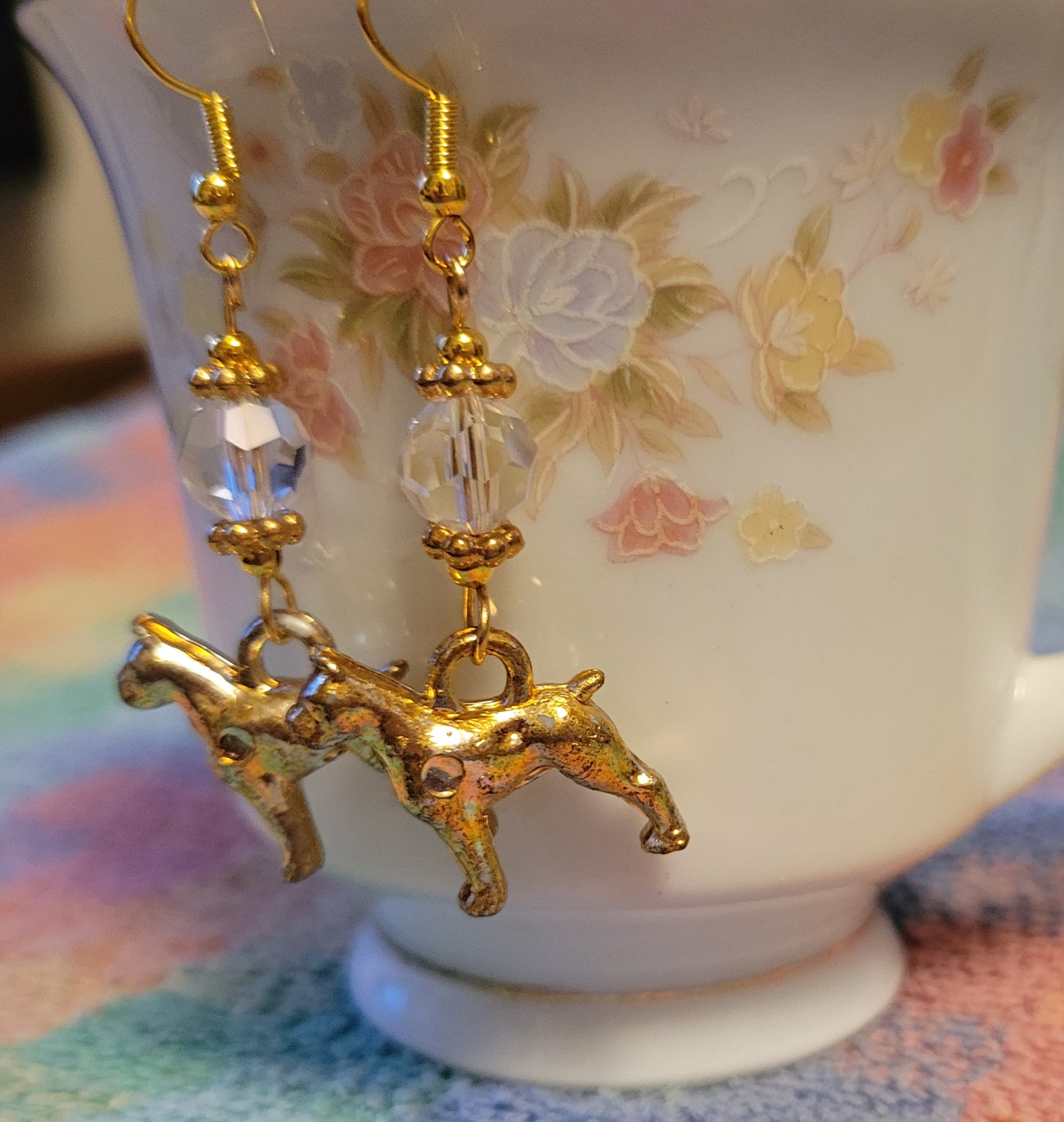 Artisan BOXER Dog Breed Dangle Earrings Gold Tone Handmade Clear Crystals