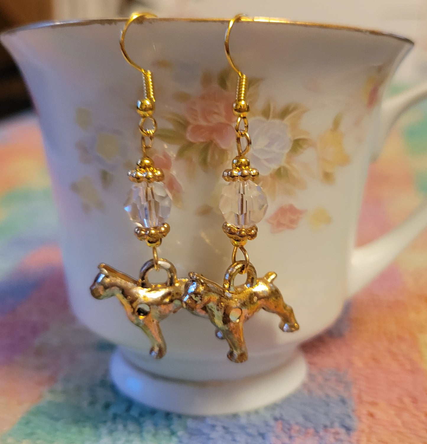 Artisan BOXER Dog Breed Dangle Earrings Gold Tone Handmade Clear Crystals